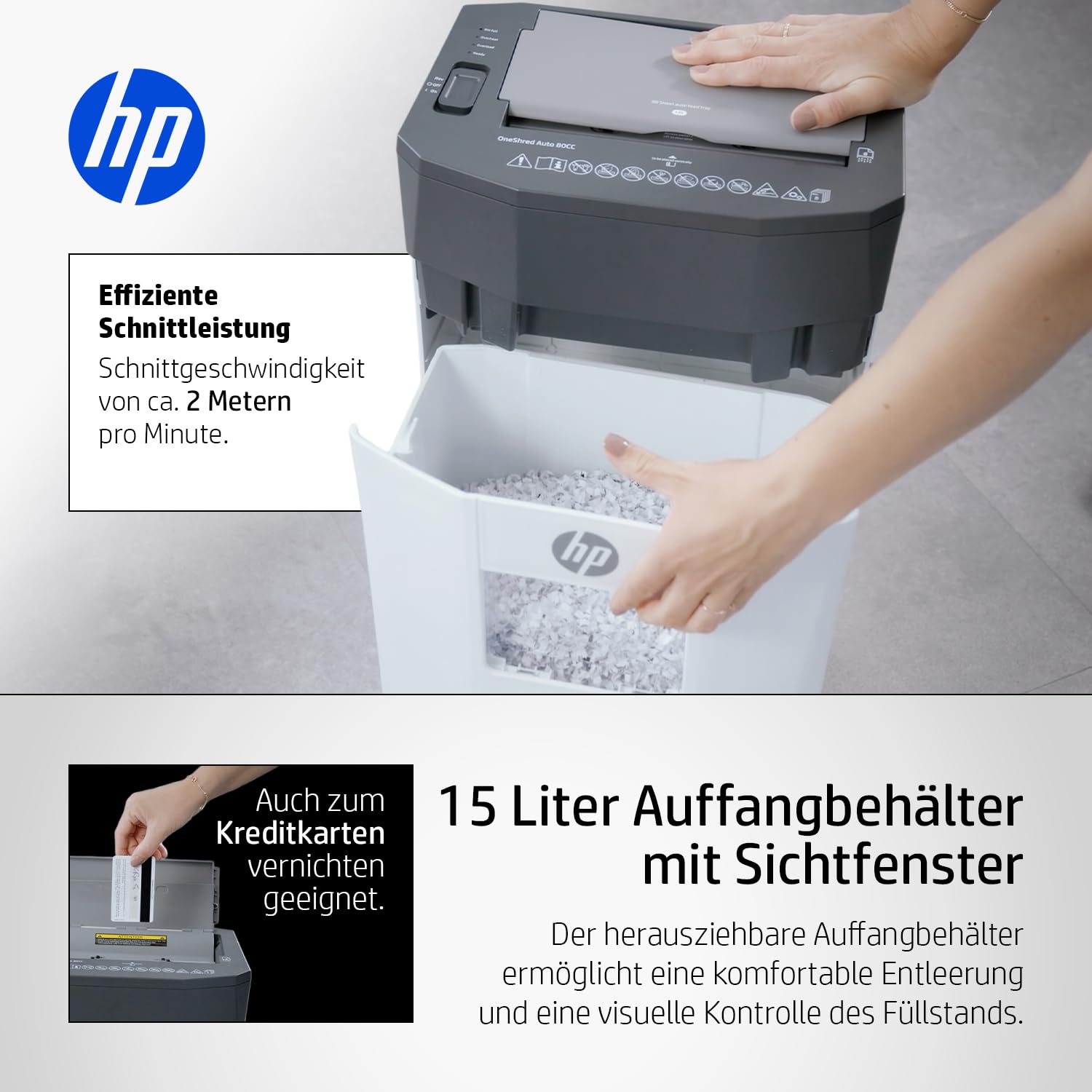 HP OneShred Auto 80CC Aktenvernichter | Shredder Papier 80 Blatt Auto & 8 Blatt Manuell | Schredder Aktenvernichter P-4 | Paper Shredder Cross Cut | Schredderer Papierschredder 15L | Aktenschredder