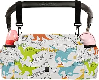 CUPADA Universal Baby Stroller Organizer Bag Grunge Style Dinosaurs Pattern, Stroller Organizers with Insulated Cup Holders Detachable Shoulder Strap Storage Carrying Diaper and Snacks