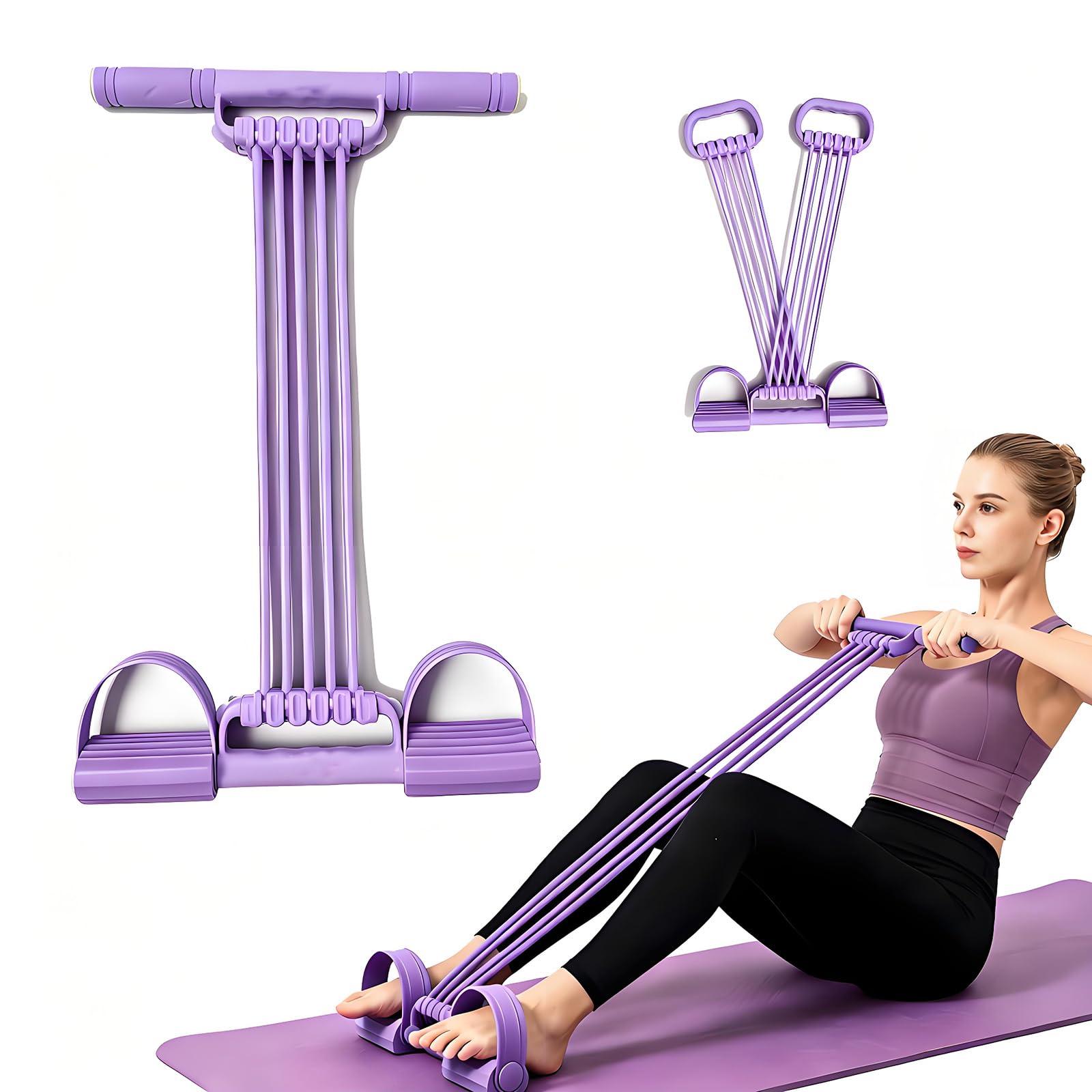 3-in-1 Pedal Resistance Band with Handles, 10 Tube Adjustable Foot Pedal Resistance Band, Natural Rubber Tension Rope for Abs, Arms, Waist, Legs & Home Fitness (Purple)