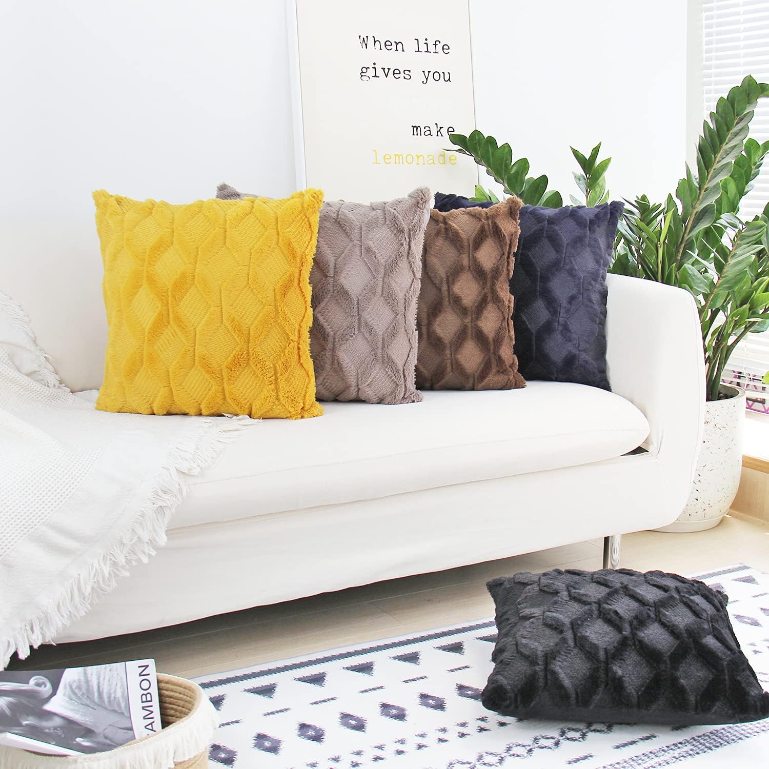 JOJUSIS Plush Short Wool Velvet Decorative Throw Pillow Covers Luxury Style Cushion Case Faux Fur Pillowcases for Sofa Bedroom Pack of 2 18 x 18 Inch Yellow: Home & Kitchen