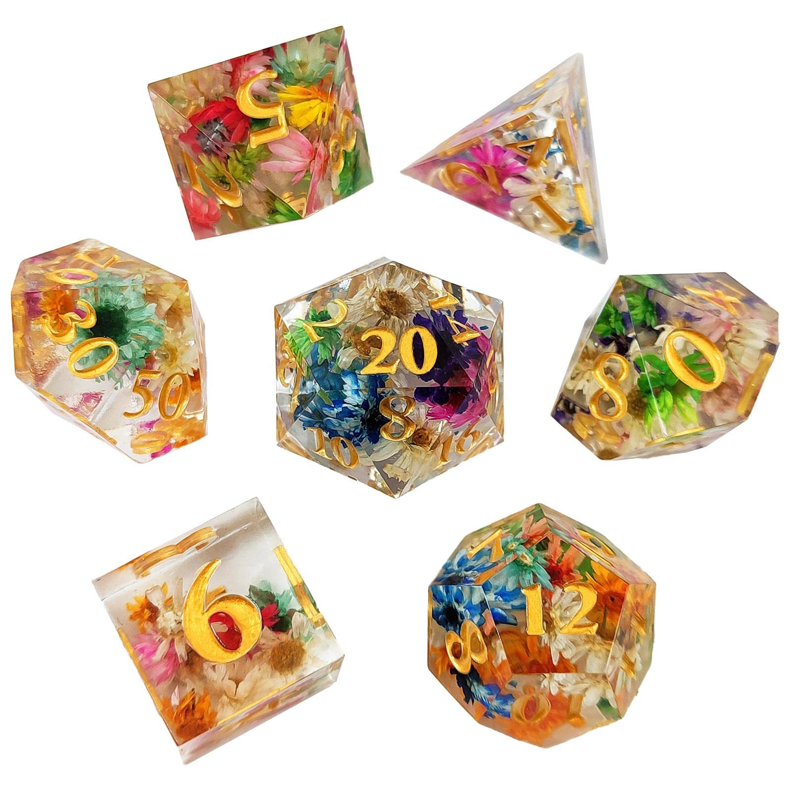 2 set de 7 dés polyédriques transparents en forme de fleur gravée pour les fêtes