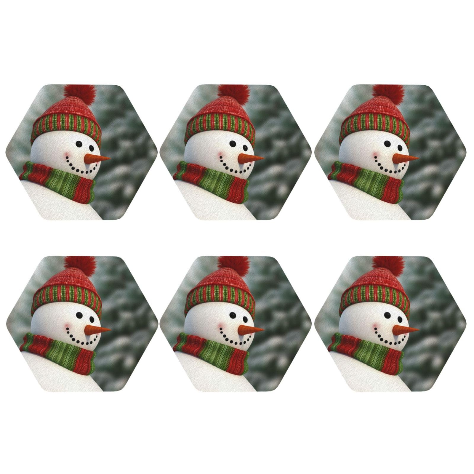6pcs Leather Coasters for Drinks, Smile Gaze Snowman Drink Coasters for Tabletop Protection, 4" Cup Coasters for Coffee Table Decor, Non-Slip Drinking Cup Mat for Hot Or Cold Drink