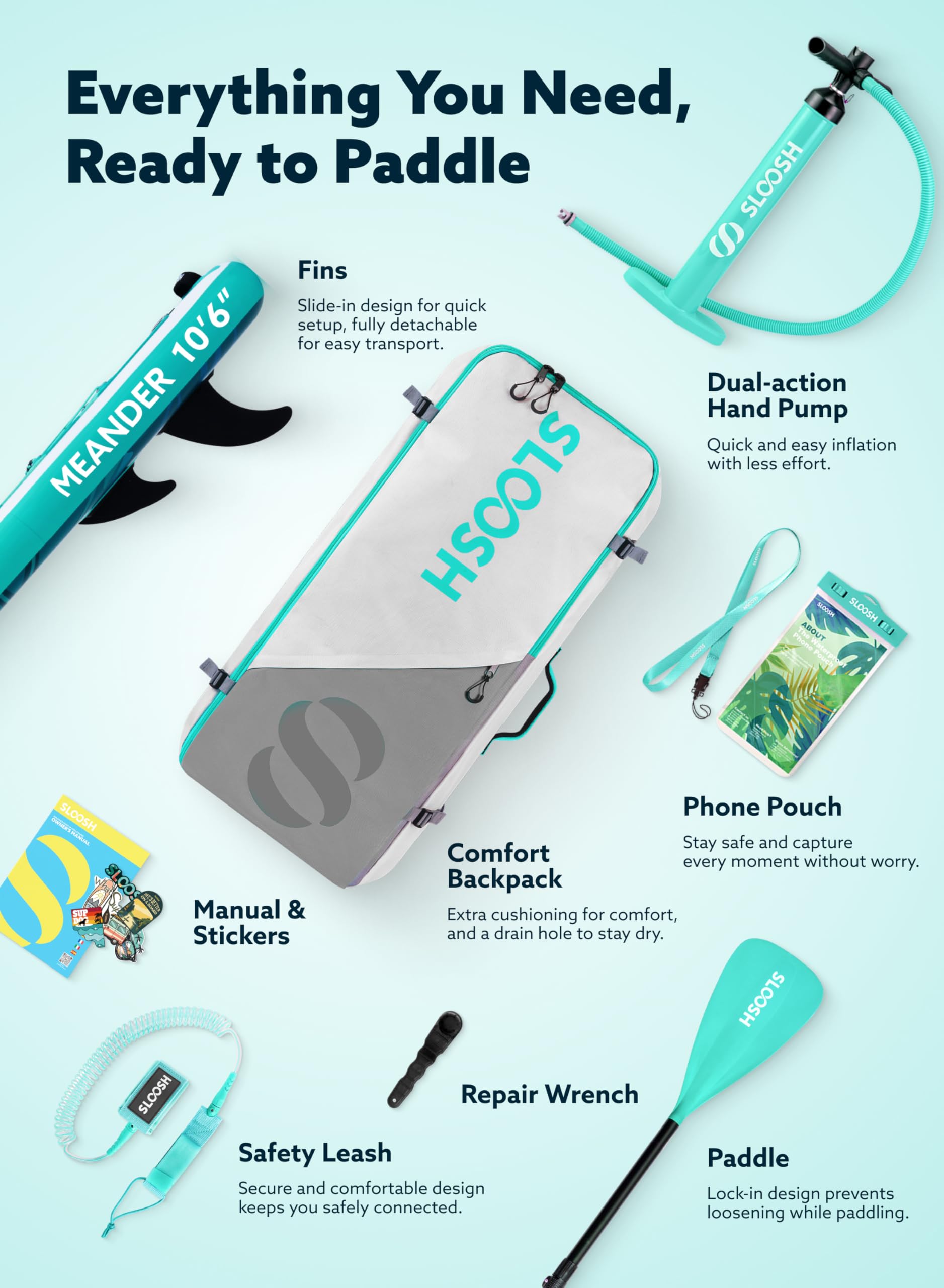 SLOOSH Aufblasbares Stand-Up-Paddle-Board,10'6" Paddleboard mit Premium-Zubehör,rutschfestes Eva-Deck,ultraleichte Tragetasche und Pumpe,Meander SUP für Jugendliche & Erwachsene