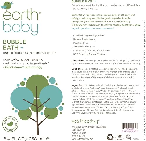Miniatura 3 de Earth Baby Bubble Bath +, 8.4 onzas líquidas, hipoalergénico para pieles sensibles, natural y orgánico, probado por pediatras y dermatólogos, seguro