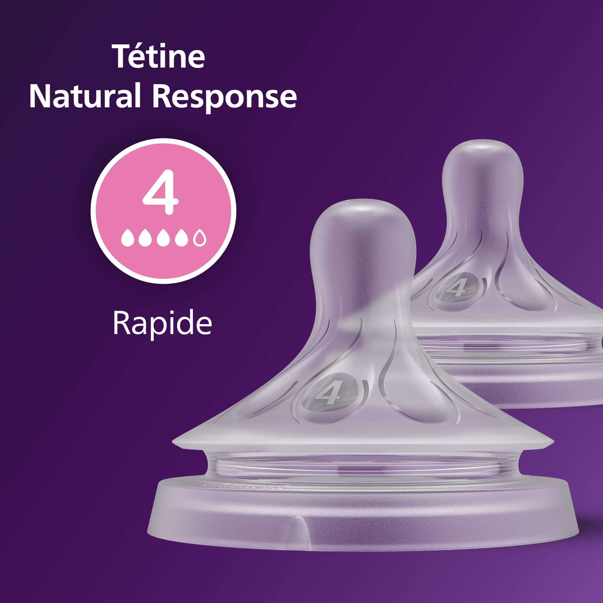 Philips Avent Lot de 2 tétines pour biberon à Réponse Naturelle 0% BPA, Débit 4 pour Bébé de 3 mois + (modèle SCY964/02)
