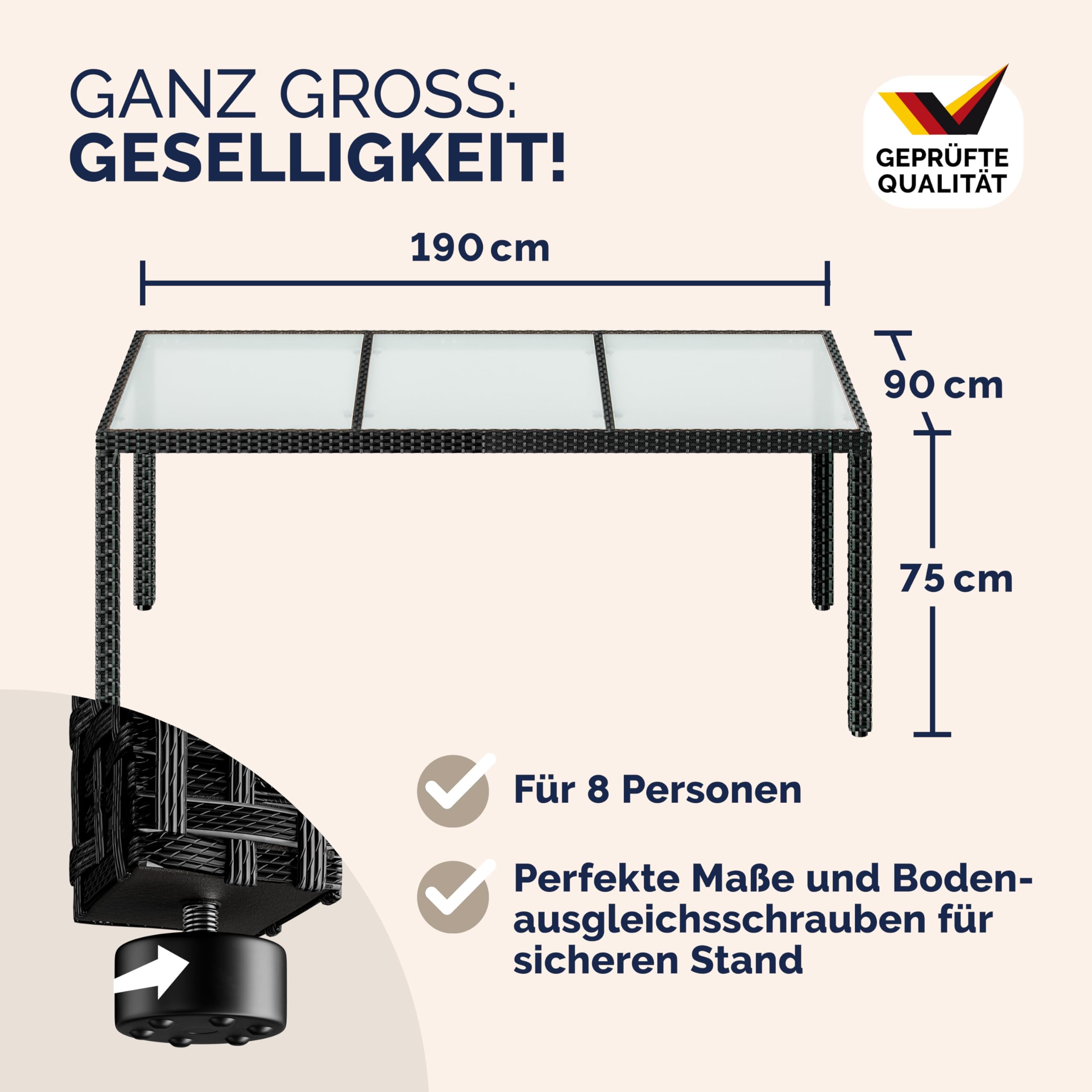 Casaria® Gartentisch Wetterfest 190x90x75cm Polyrattan Höhenverstellbar 5mm Sicherheitsglas Garten Terrasse Esstisch Outdoor Tisch Gartenmöbel Schwarz