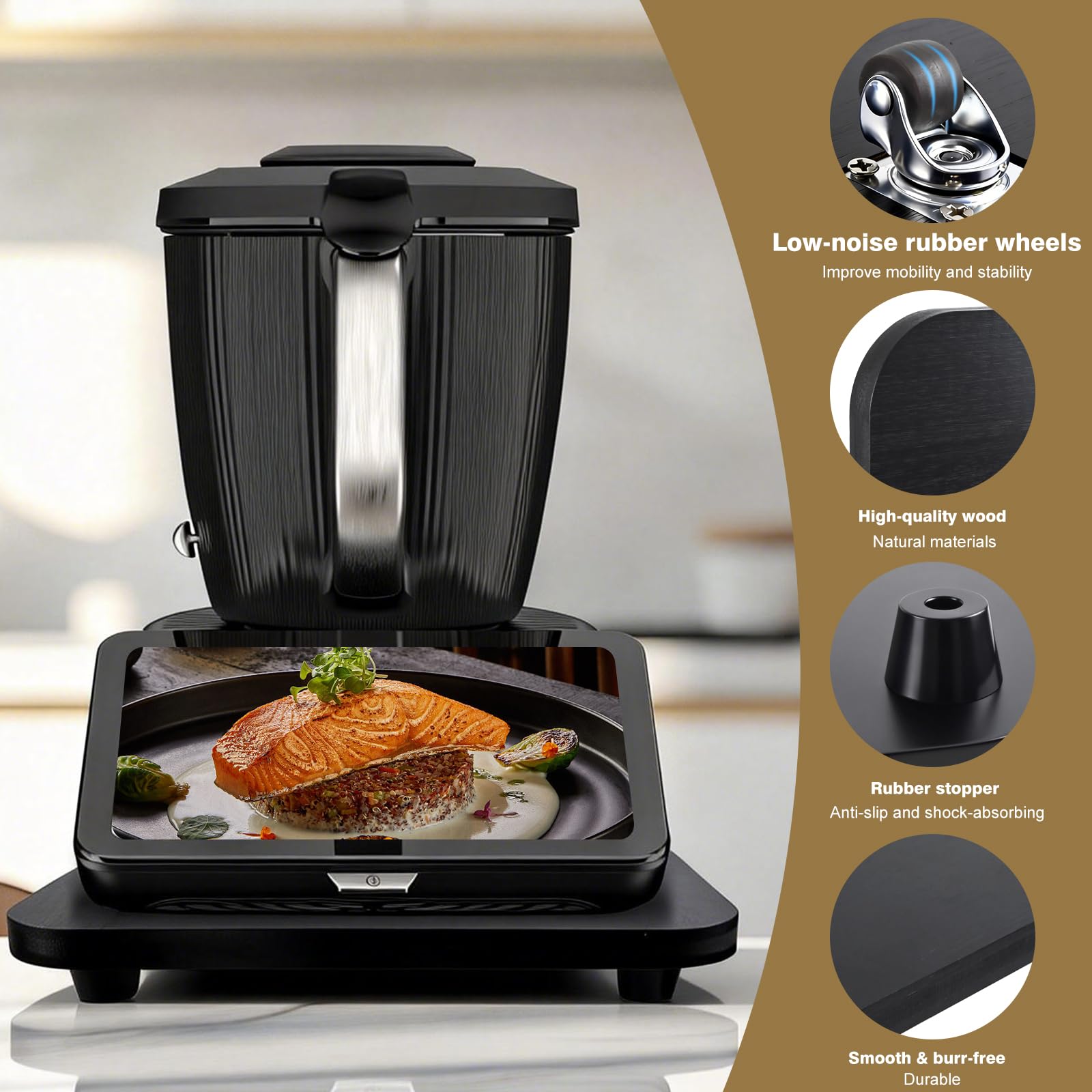 Deska ślizgowa do Thermomix TM 7, podstawka do Thermomix z rolkami, stabilna i łatwa do przenoszenia, bambusowa drewniana taca kompatybilna z Thermomix TM7