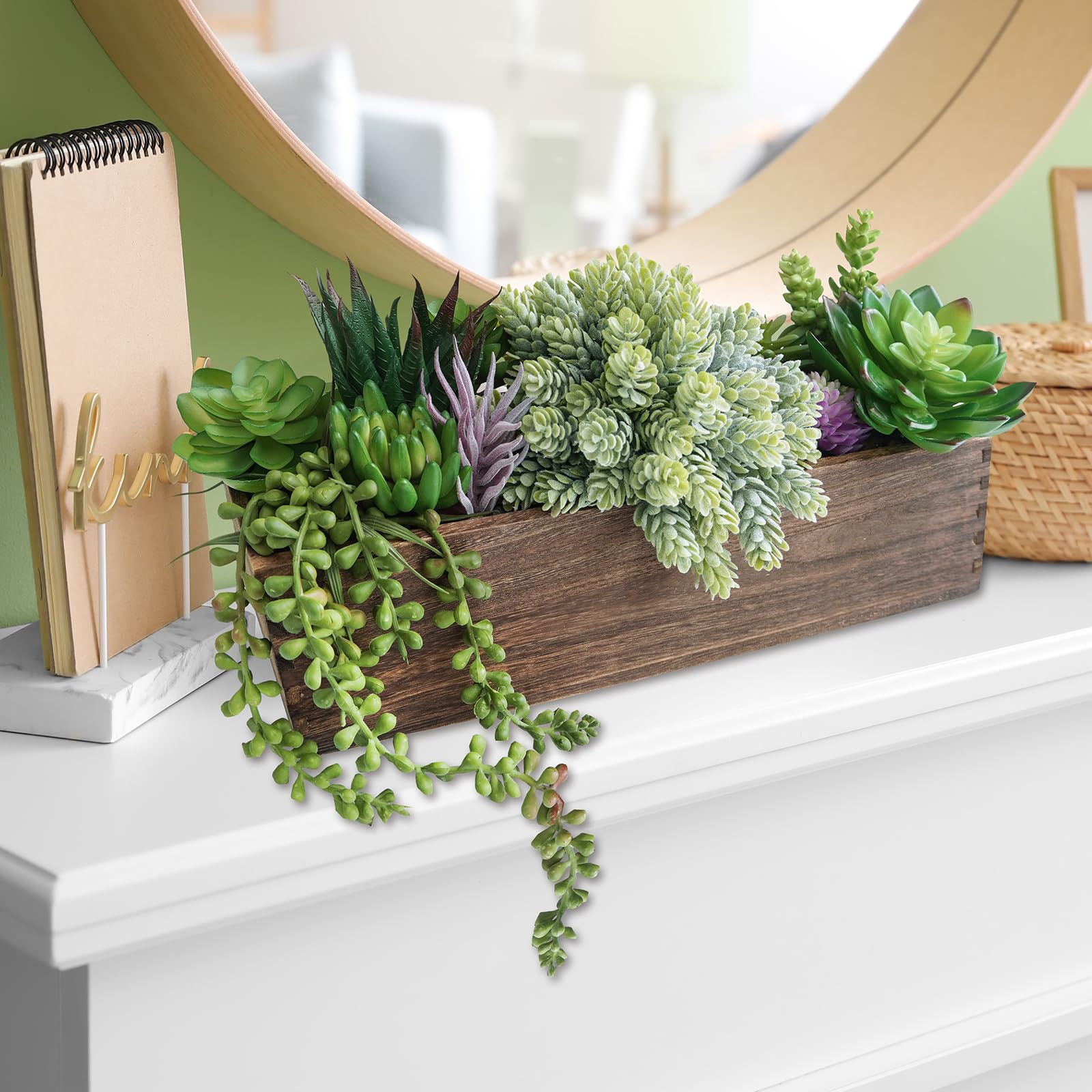 Winlyn - Composizione di piante grasse artificiali assortite da 15" in vaso in legno rettangolare, piante grasse finte per centrotavola, finestra, mensola, scaffale, caminetto, decorazione con verde