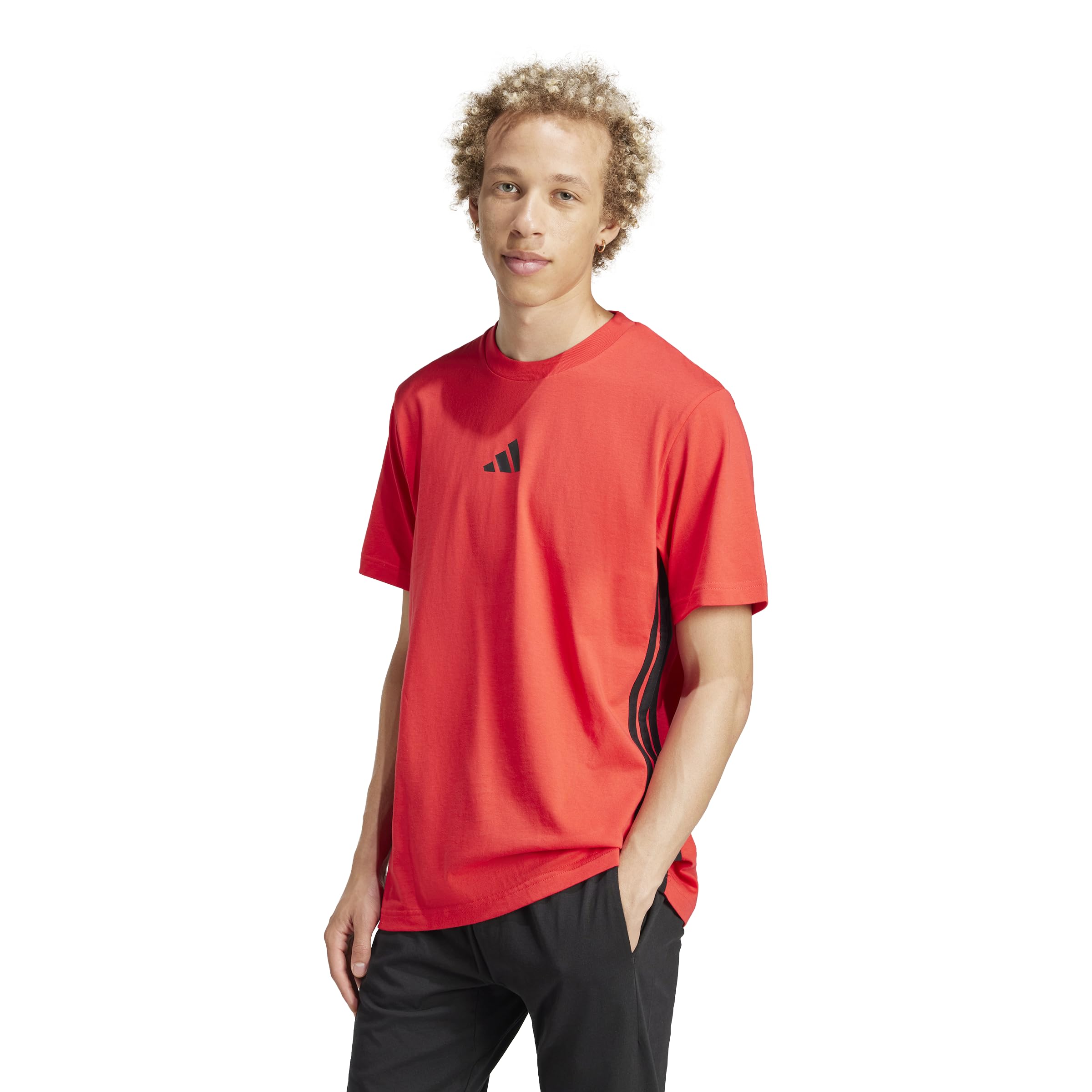 adidas Men's Essential Three Stripes Single Jersey Shirt, Pure Ruby/Black, XXL