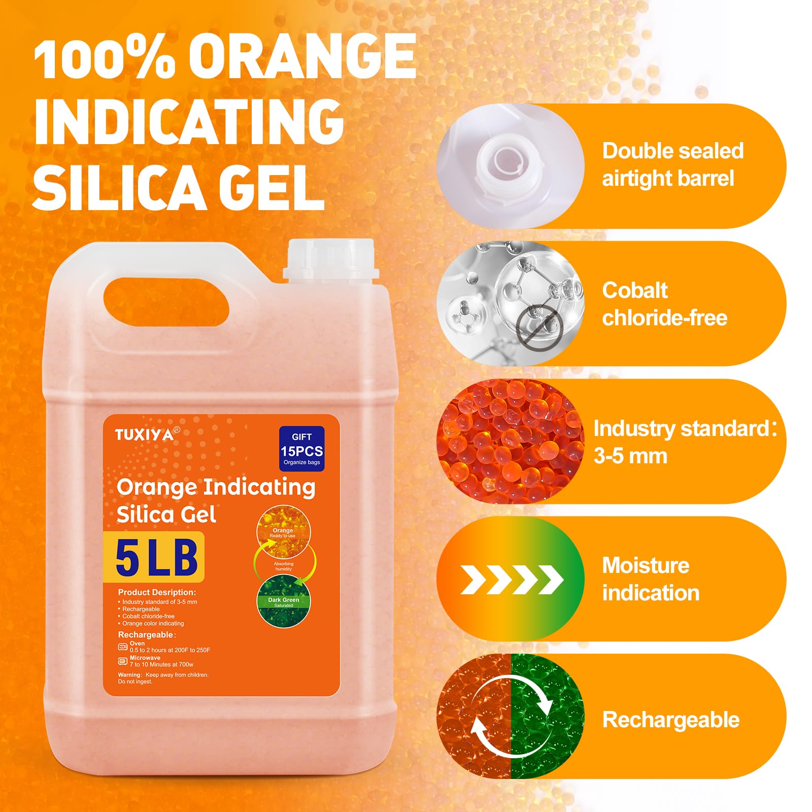 TUXIYA 5 LBS Orange Indicating Silica Gel Desiccant Beads Reusable — Amazon image 3