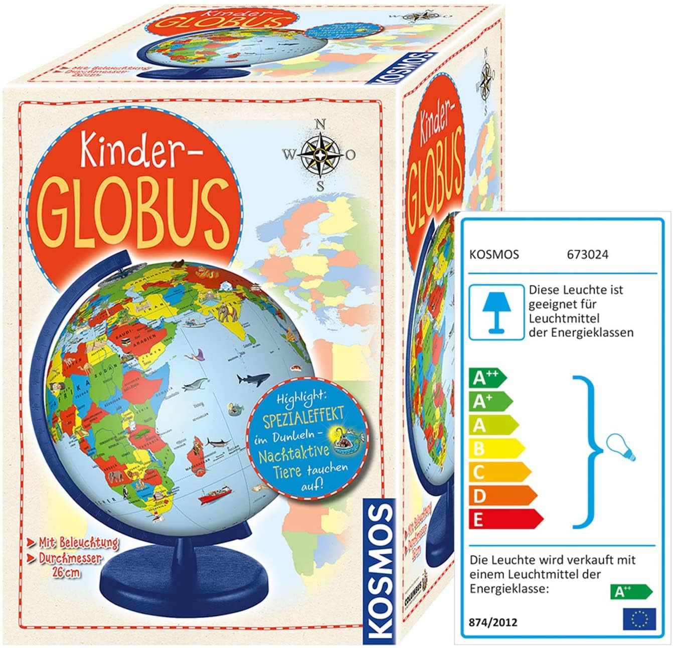 Kosmos 673024 Kinder-Globus, ab 5 Jahren, mit Beleuchtung, Durchmesser 26 cm, Lernspielzeug für Kinder und Deko fürs Kinderzimmer