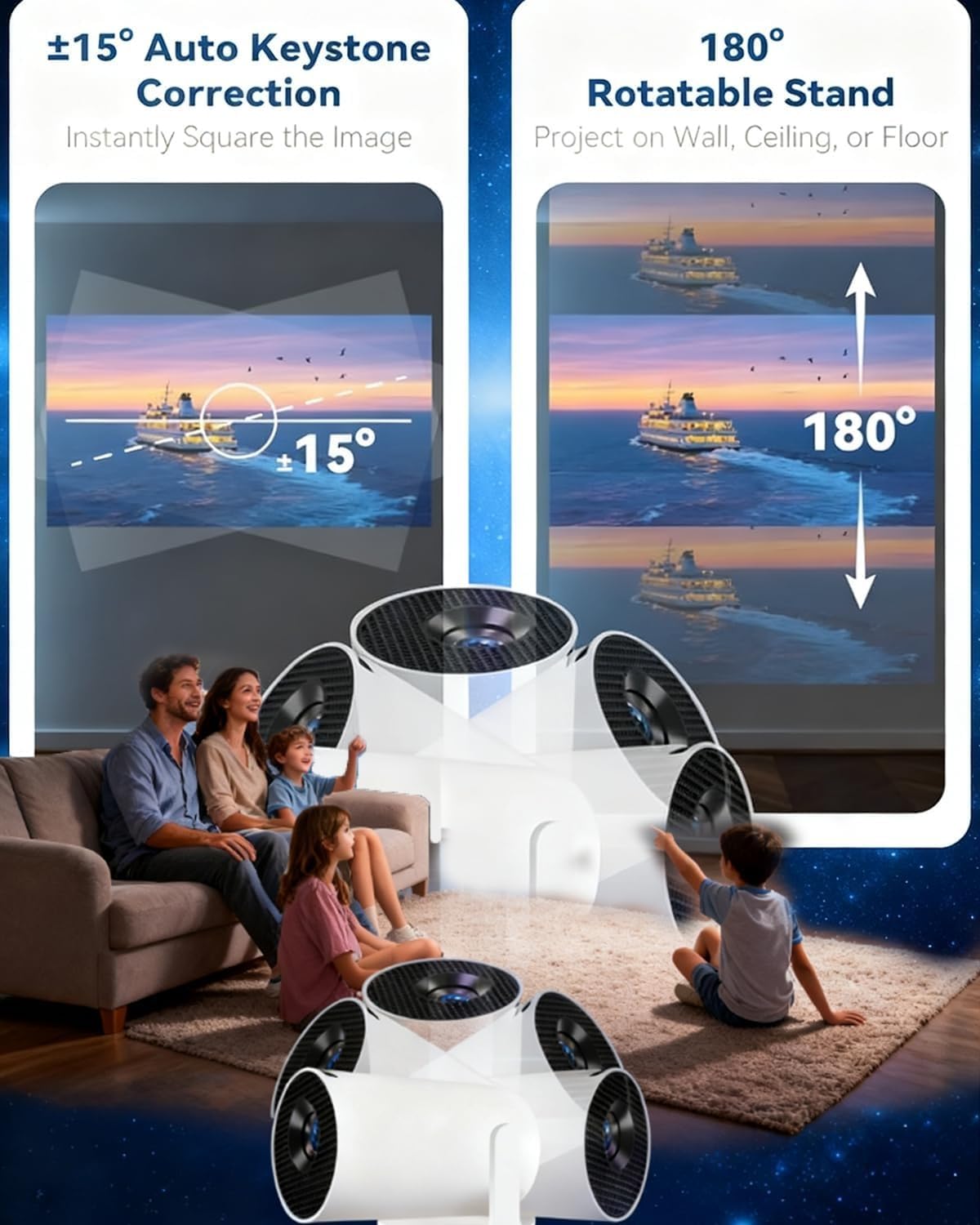 Mini proiettore Intelligente da 210°, proiettore di Film Intelligente 4K, Altoparlante Integrato, WiFi e Bluetooth, Oltre 20 Scene di finestre, for Camera da Letto o Soggiorno