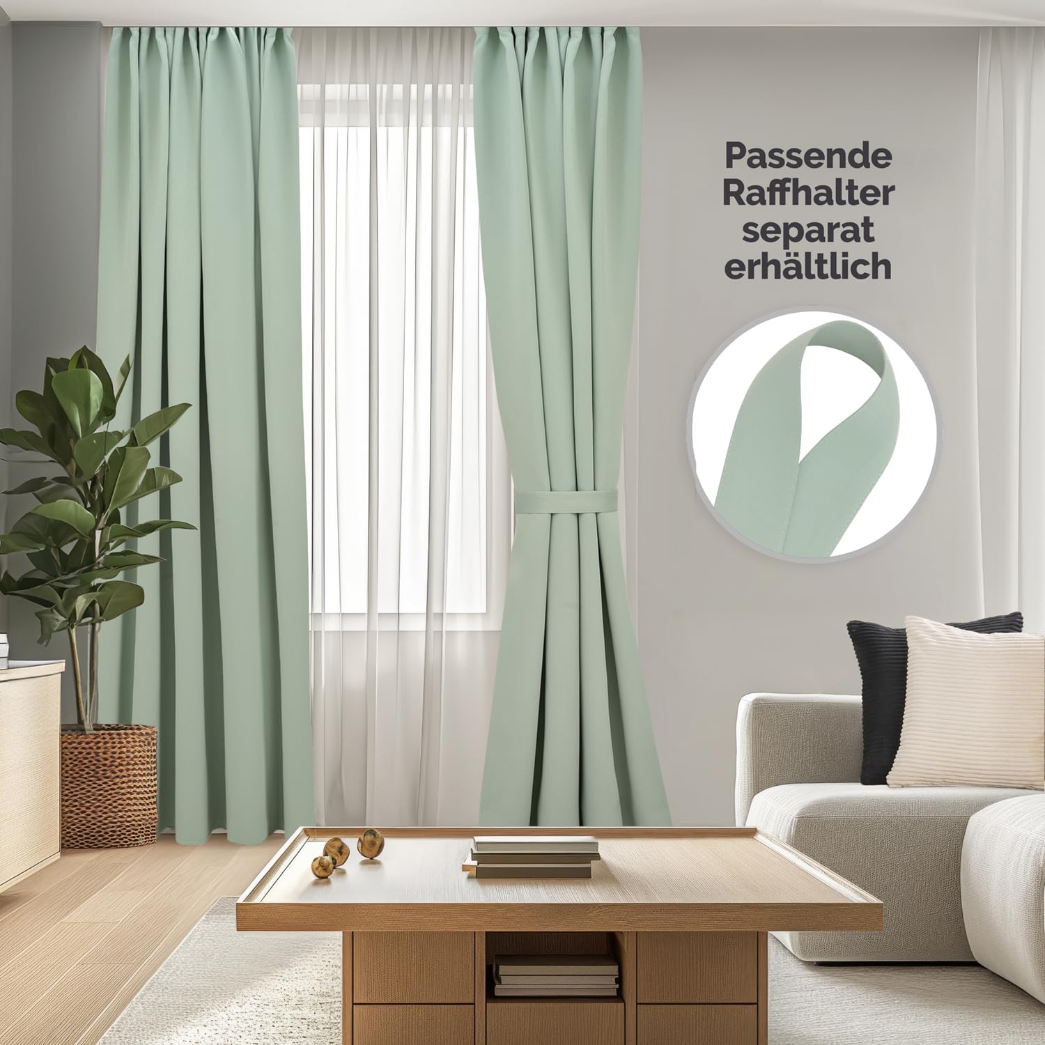 Blumtal Verdunklungsvorhänge Kräuselband 175x140 cm im 2er Set - Oeko-TEX zertifizierte Vorhänge Blickdicht - Verdunklungsvorhang - waschbare Vorhänge mit Kräuselband für Schiene in Grün