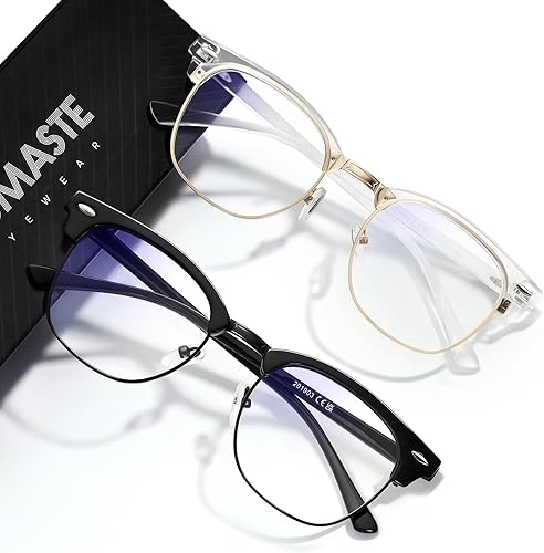 Vista 32 de Lentes de bloqueo de luz azul, vintage, medio marco, lente transparente UV, antifatiga ocular, gafas de juegos para computadora para mujeres