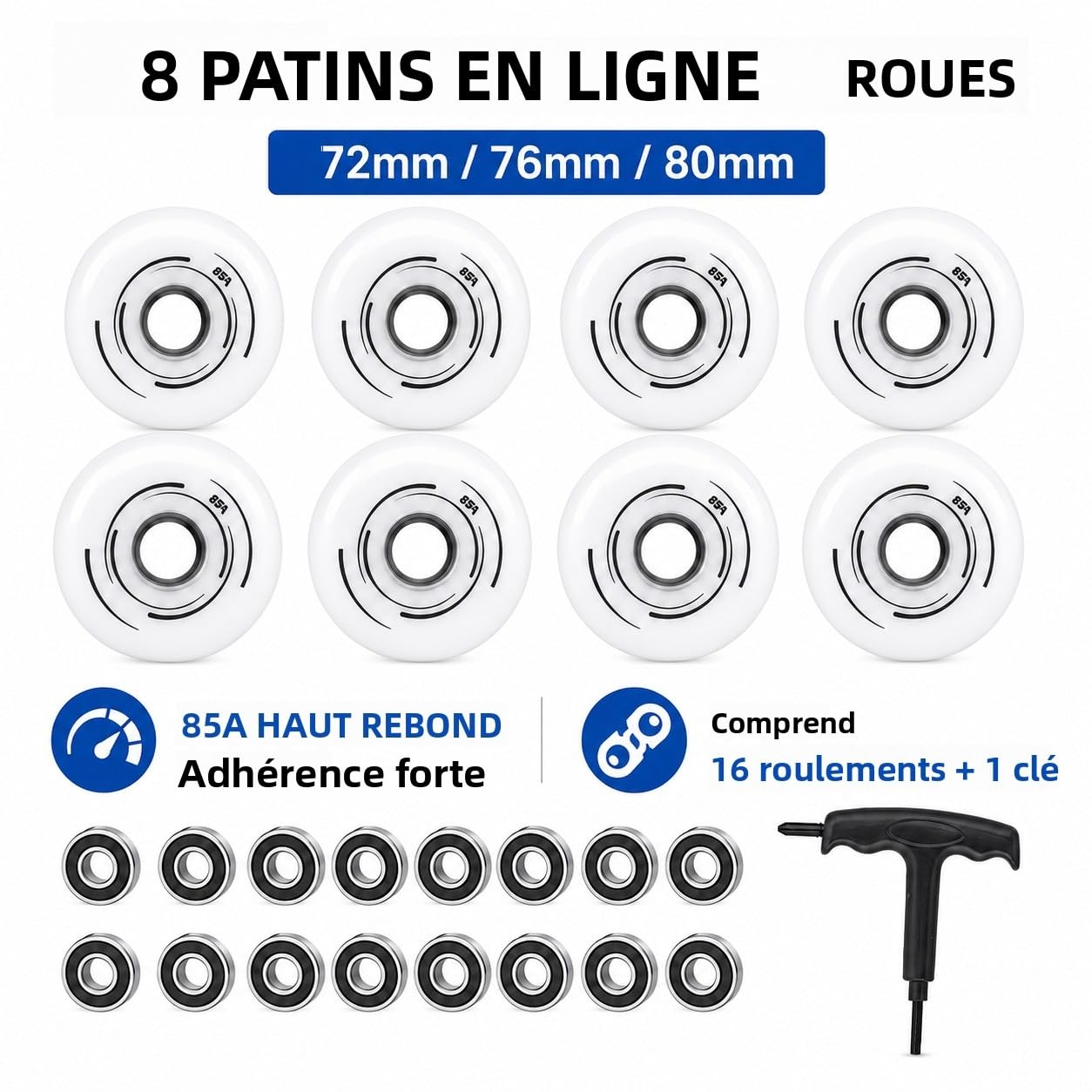 Roues de Inline Skate 72mm 76mm 80mm Lot de 8, Roues PU 85A à Haut Rebond, Résistantes à l’Usure, Antidérapantes, Forte Adhérence pour Entraînement Indoor et Fitness Outdoor (76mm)