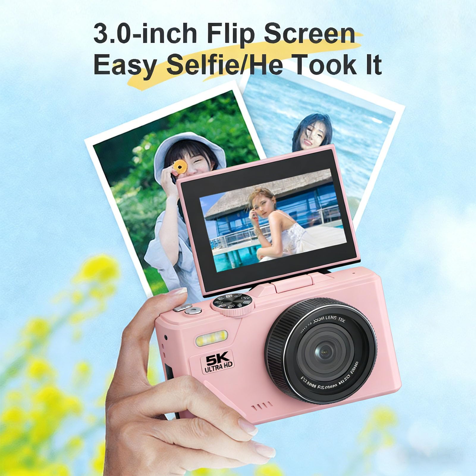 XUMIUZIY Fotocamera Digitale 5K, Fotocamera Mirrorless Ultra HD da 75 MP con Zoom 18X e Messa a Fuoco Automatica con Schermo Flip da 3 Pollici, Supporto per Digitale retrò (Rosea)