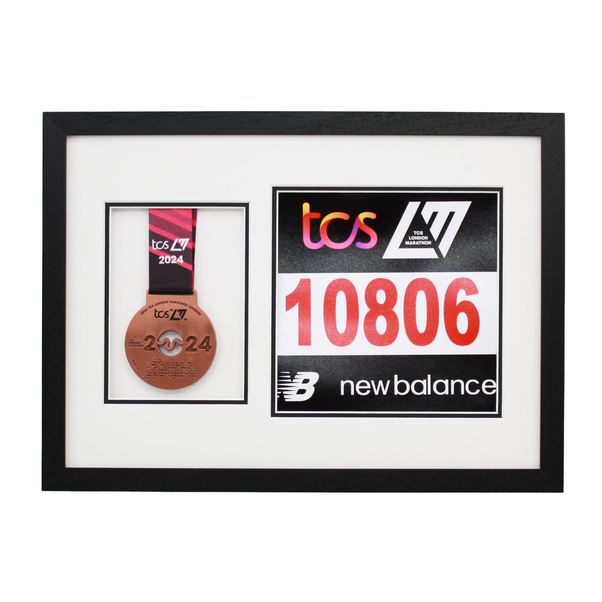 Marathon Medal Display Frame. Designed to showcase a running medal and a 20x20cm sized race number (Black Frame - Double Mount)