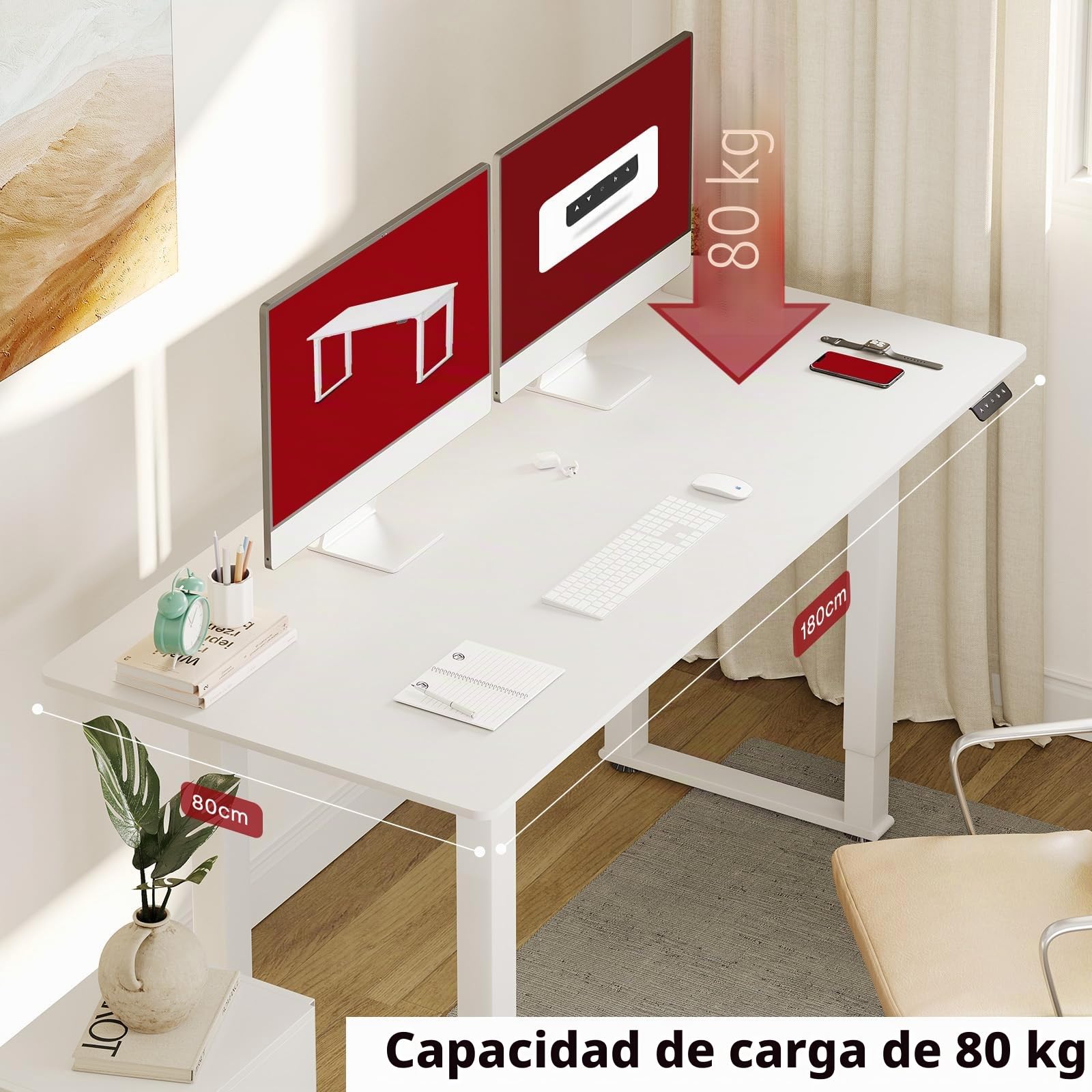 SANODESK QS2 Escritorio Elevable Eléctrico 180x80 cm con 2 Motores - Mesa de Pie Ajustable en Altura para Oficina y Gaming con 4 Patas, Sistema de Memoria, Color Blanco