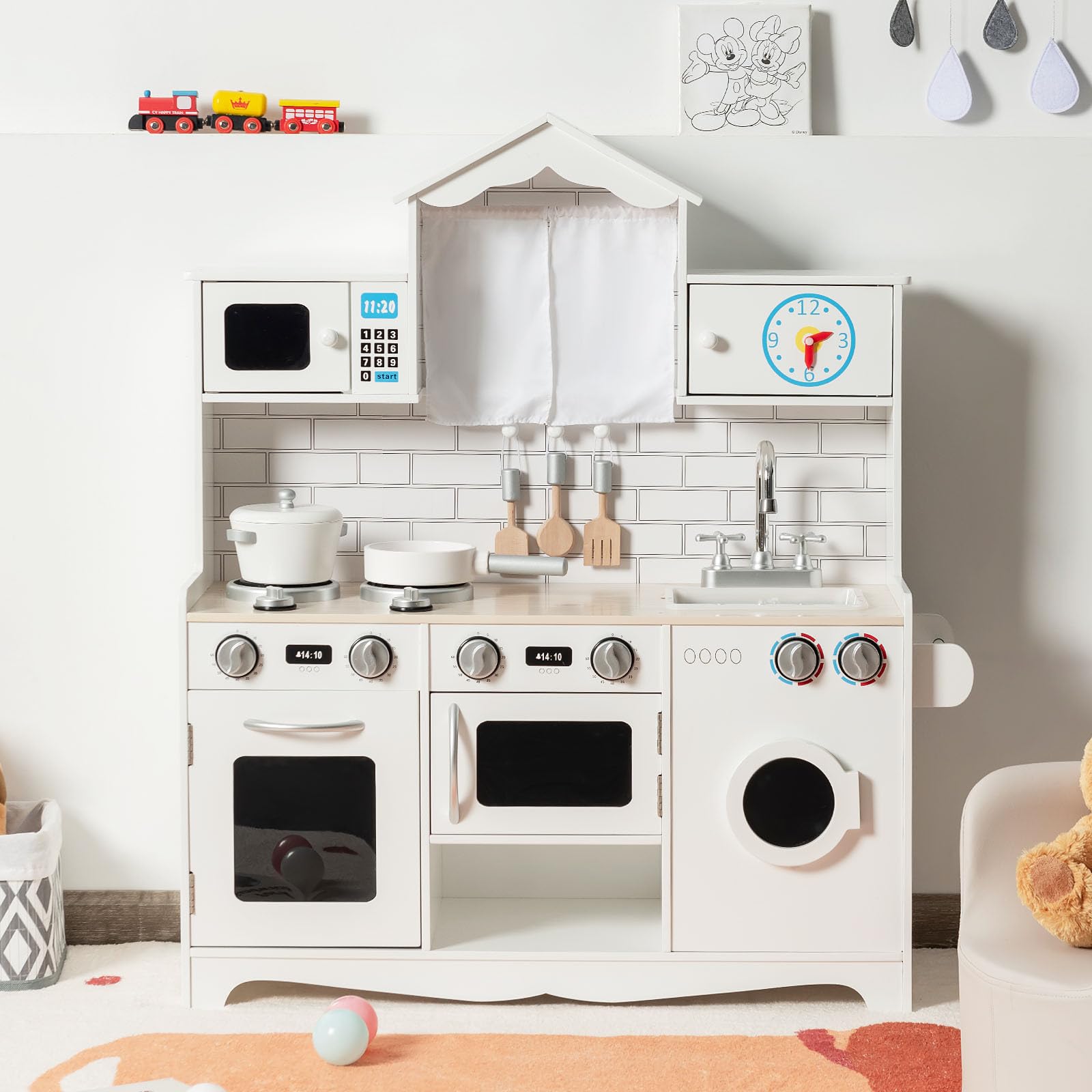 COSTWAY Cucina Giocattolo per Bambini, Cucina Legno per Bambini con Lavatrice, Piano, Cottura Forno e Microonde, 3 Anni+, Bianco