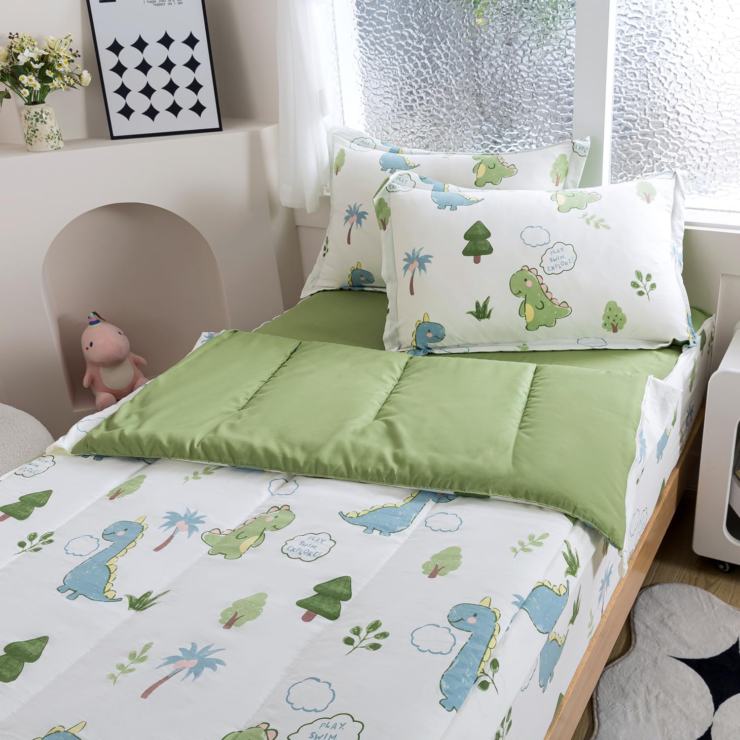qjmiaofang Kids Zipper Bedding Twin Dinosaur Comforter Set 4Pcs Zip Up Bedding for Boys Girls All in One Zipper Comforter with Sheets All Season Little Cute Dinosaur Bed Set with Fitted Sheet Decor - Image 2