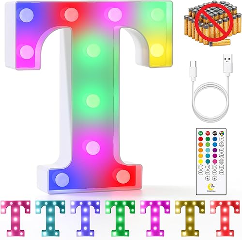 Miniatura 54 de mooncow Letras iluminadas recargables, letras de marquesina duraderas, luz nocturna inicial colorida para niños con control remoto, luces LED