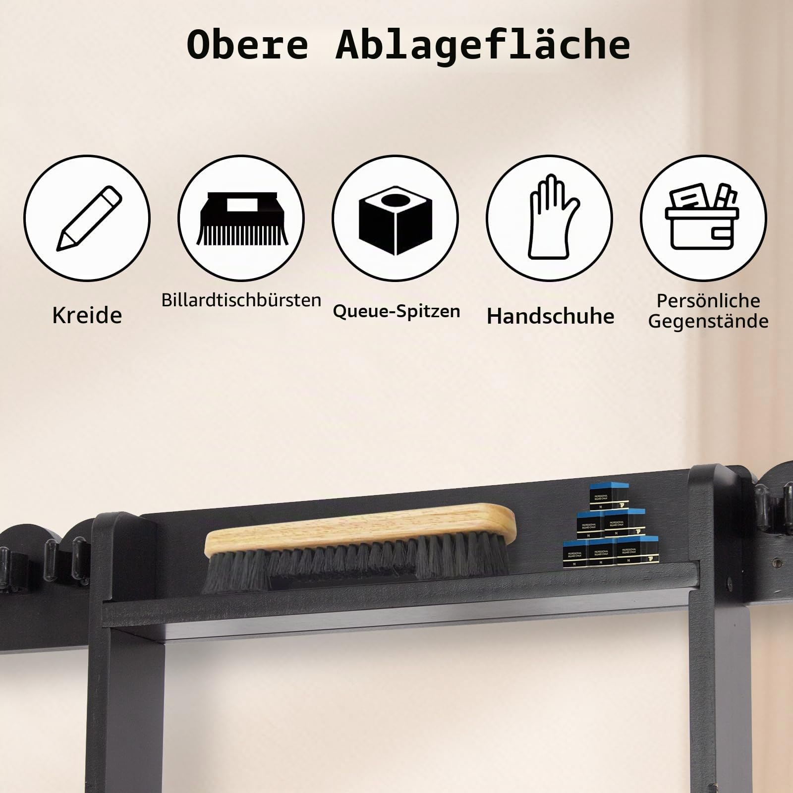 Leogreen Billard Queue Halter für 8 Queues, 18 Billardkugeln, 3 Ballständer und 1 Rollenpapier, Wandmontierter Queueständer aus Kiefernholz mit Aufbewahrungsregal, für Billardzimmer, Bars Club