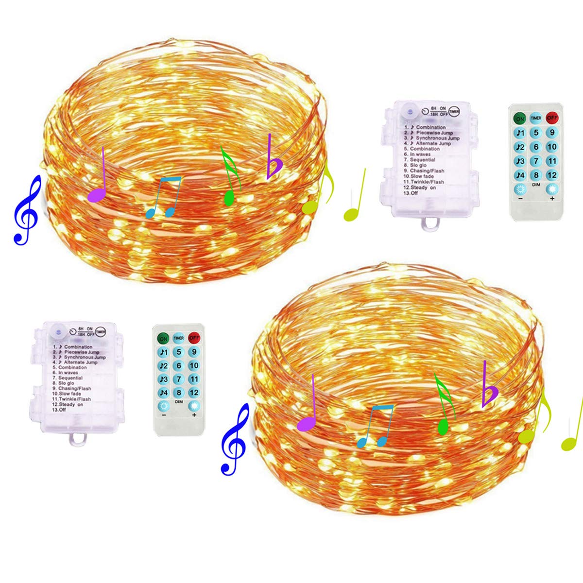 Dreamworth 2 Pack 12 Modes Sound Activated Music String Lights, Battery Operated 33Ft 100 LED Silver Wire Fairy Lights with Remote Timer for Bedroom Wedding Party Festival(Warm White)
