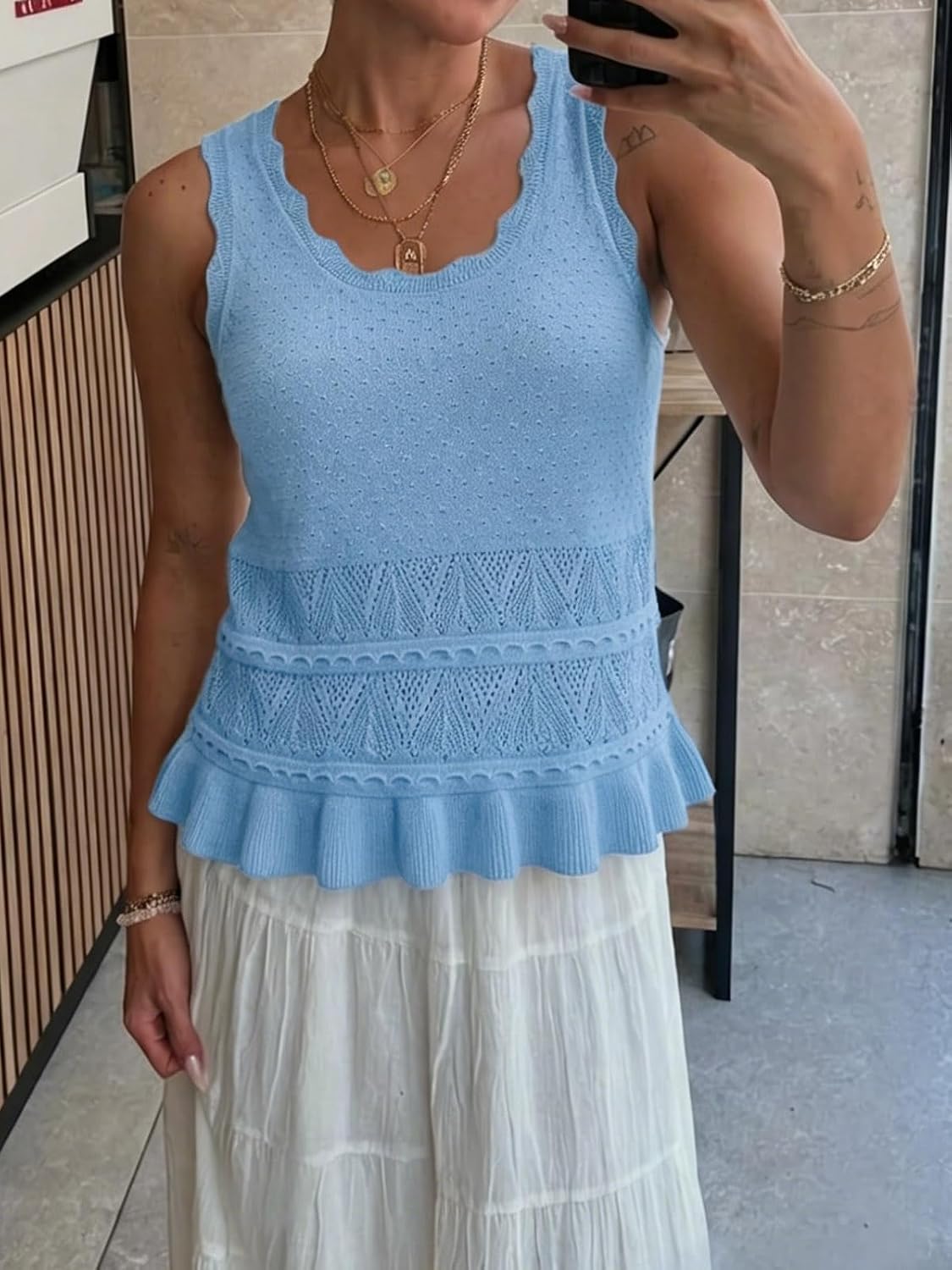 Yousify Womens Crochet Tank Tops Sleeveless Knit Sweater Vest Summer Crew Neck Ruffle Cute Crop Pullover Top