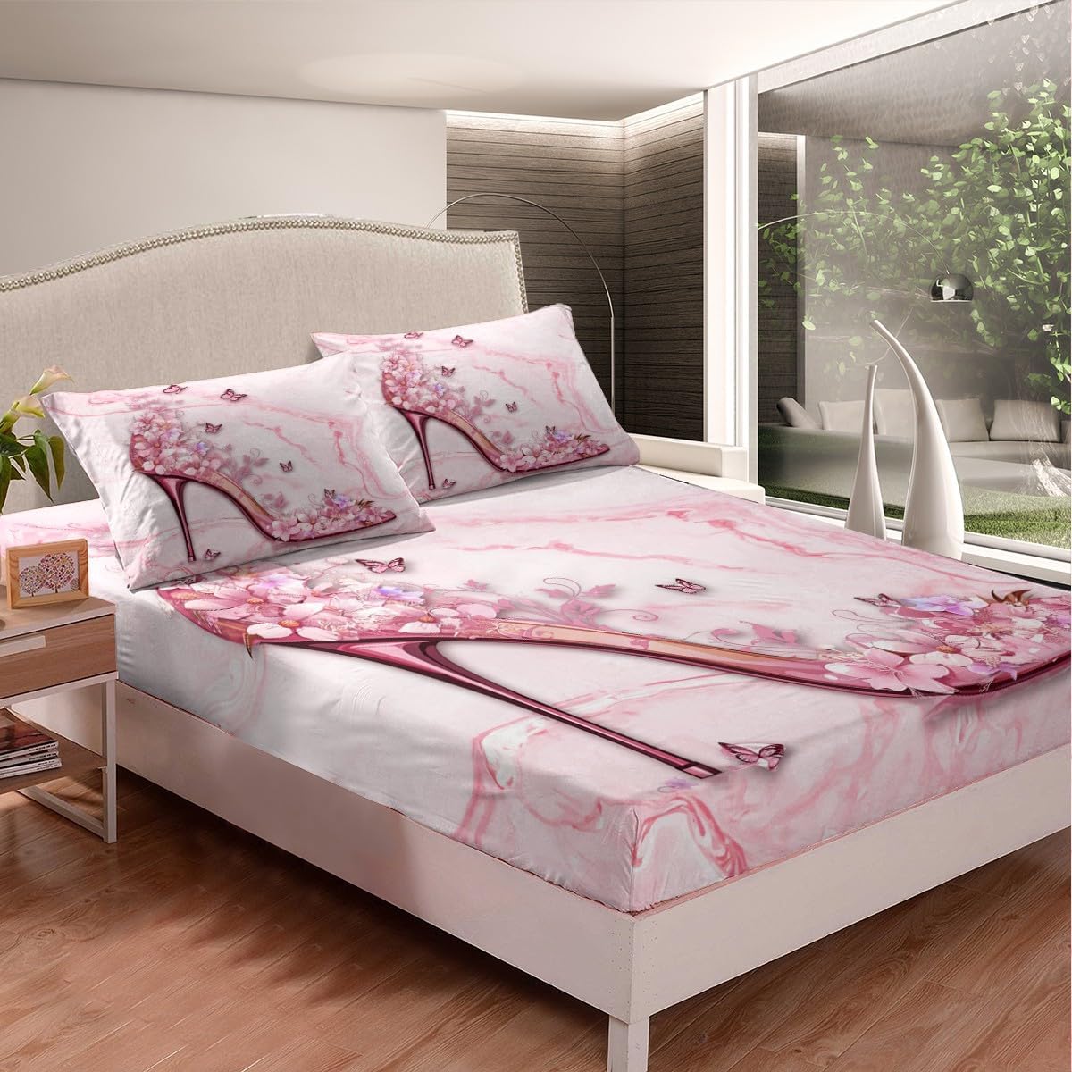 Pink Flower High Heels Fitted Sheet Queen Size,Pink Marbling Bedding Set 3Pcs for Kids Girls Boys Women Bedroom Decor,Pink Butterfly Bed Sheets Romantic Modern Deep Pocket Sheet,2 Pillowcases