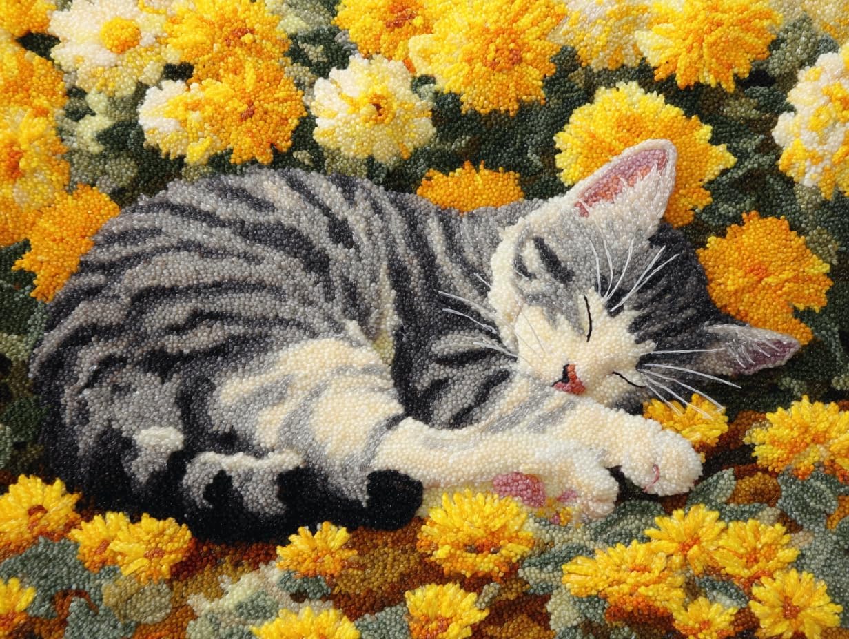 DIY Latch Hook Rug Kit Grey Cat Sleeping on Yellow Flowers Color-Stamped Carpet Tapestry 52x38cm Yarn Hooking Crochet Mat Home Floor Decor-4