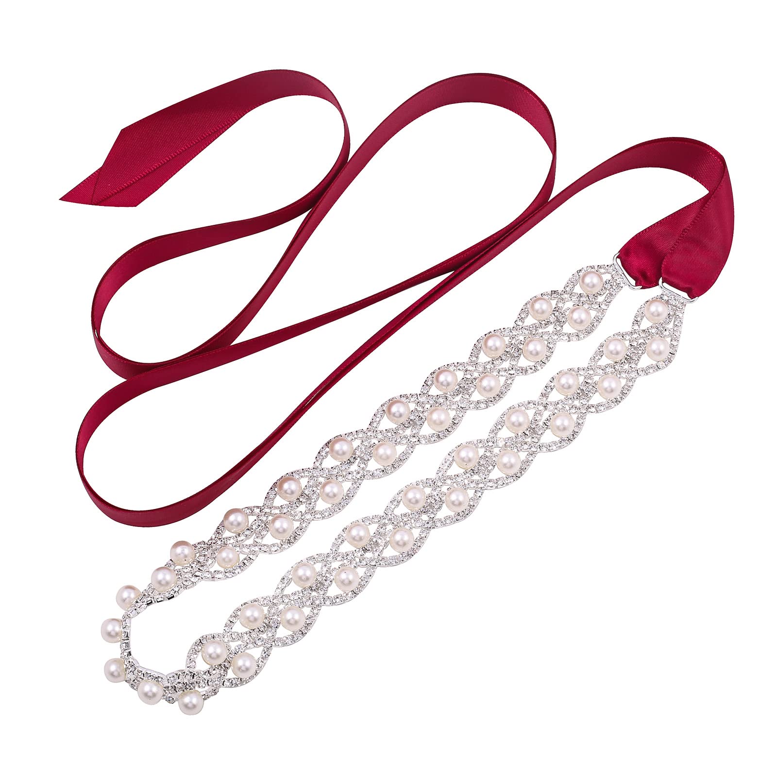 WEZTEZ Crystal Wedding Belt Pearls Bridal Belt Handmade Rhinestone Wedding Dress Belt for Bride Bridesmaid Gowns, Burgundy Ribbon, One Size