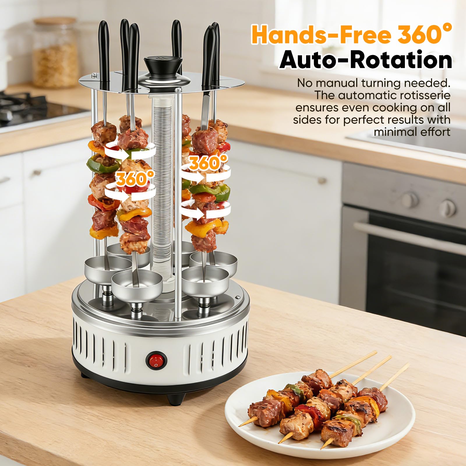 Gril électrique Vertical, Gril électrique 1000 W Shish Kebab Grill avec 6 brochettes, Gril Rotatif pour Barbecue, Gril de Table, Tube Chauffant en Verre amélioré pour la Maison, Le Jardin