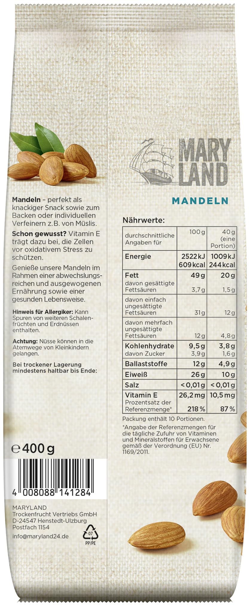 Maryland Mandeln 400g Beutel 6er Pack – Mandeln naturbelassen, vegan, frei von künstlichen Aromen, ohne Zusatzstoffe – Im praktischen Großformat genießen (6 x 400g)