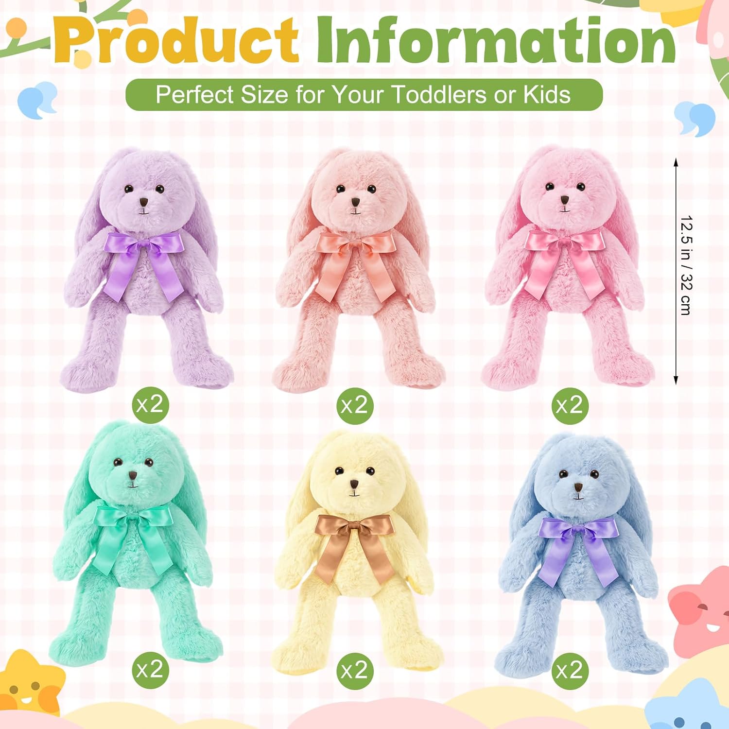 Civaner 12 Pcs Bunny Stuffed Animals Bulk 12.6 Inch Easter Plush Rabbit with Tie Colorful Bunny Plush Toys for Easter Basket Stuffers Valentines Birthday Gifts Baby Shower Wedding(Pastel Color)