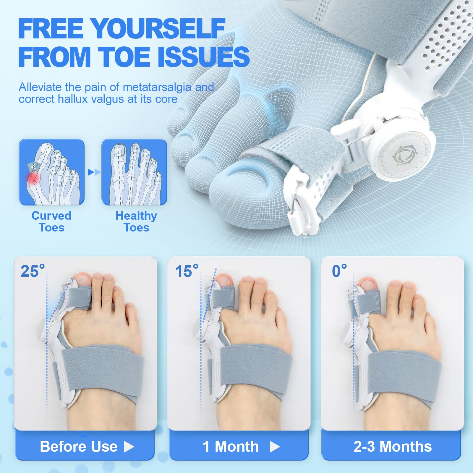 3-in-1 Adjustable Bunion Corrector for Women & Men, Orthopedic Bunion Splint for Hallux Valgus Pain Relief, Big Toe Separator, Adjustable Day/Night Support, Comfortable Hammer Toe Straightener(1 Set)
