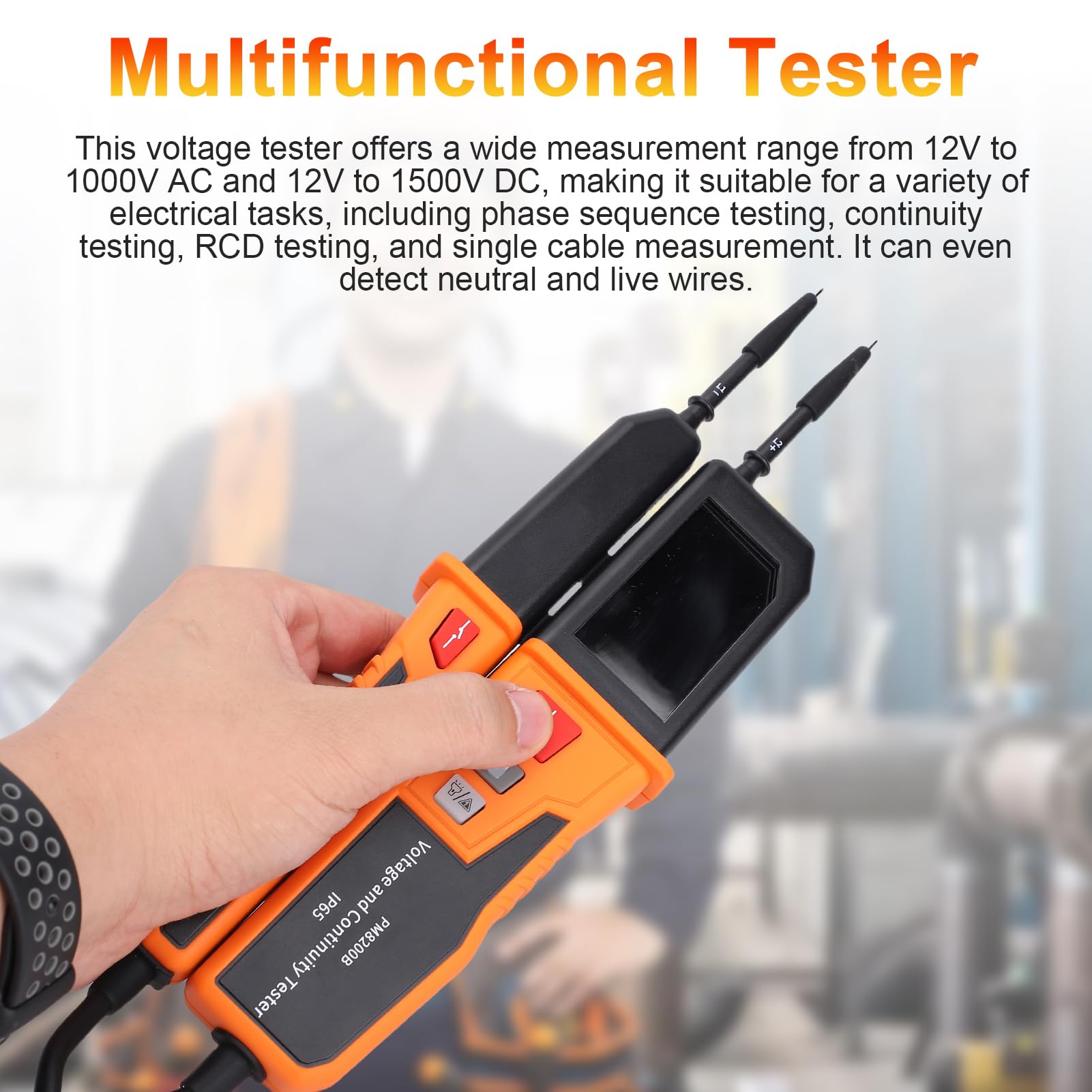 Ochrona CAT IV 600 V - Cyfrowy tester napięcia i ciągłości dla 12 V do 1000 V AC i 12 V do 1500 V DC - Tester obwodów o stopniu ochrony IP65 z testem RCD i wykrywaniem kolejności
