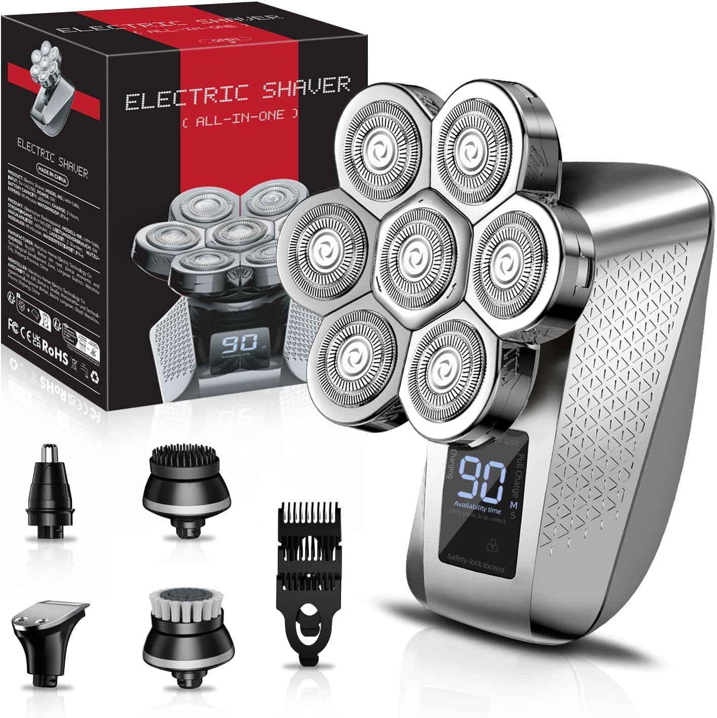 elestyle Afeitadora de Cabeza para Hombres Calvos, Afeitadora Rotativa Recargable 7D Maquinilla de Afeitar Impermeable IPX7, Afeitadora Húmeda/Seca con Pantalla LED, Kit de Aseo 5 en 1 para Hombres