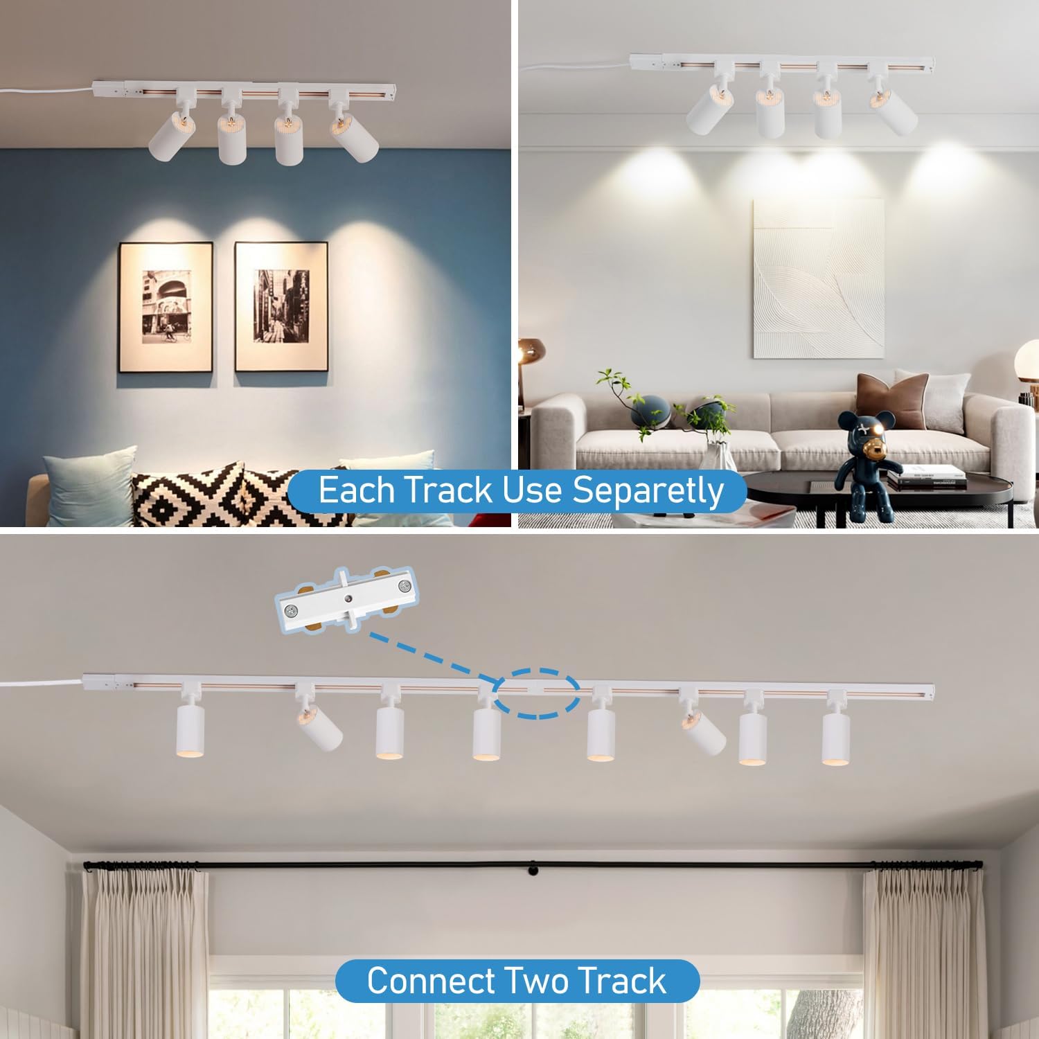 Plug in Track Lighting with Power Cord, 8 Light LED Track Lighting Kit with Connectable Rails, GU10 Kitchen Track Lighting Fixtures Wall Mounted Plug in Ceiling Light White - No Bulbs