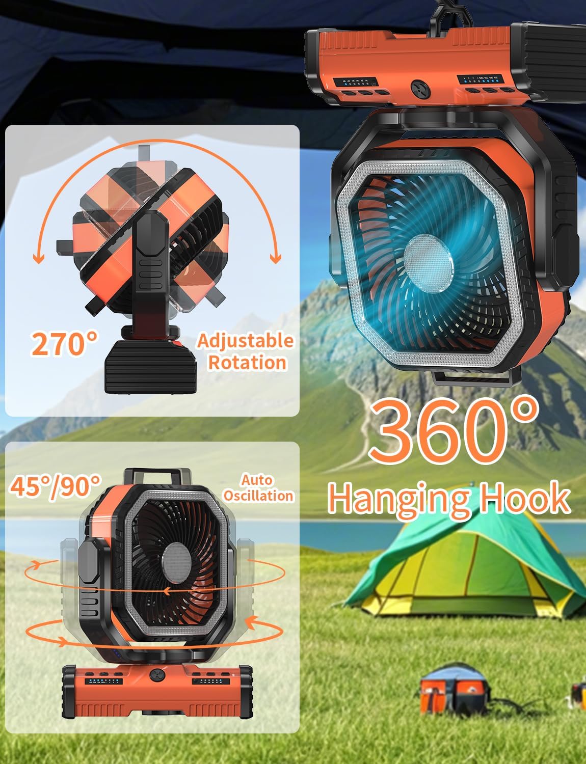 12 Inch Portable Camping Fan, 40000mAh Rechargeable Battery Powered Fan with 4 Speeds Wind and LED Light 140H, Cool & Warm Light and SOS Mode, Auto Oscillating, 360° Rotating Hang Hook(Orange) - Image 5