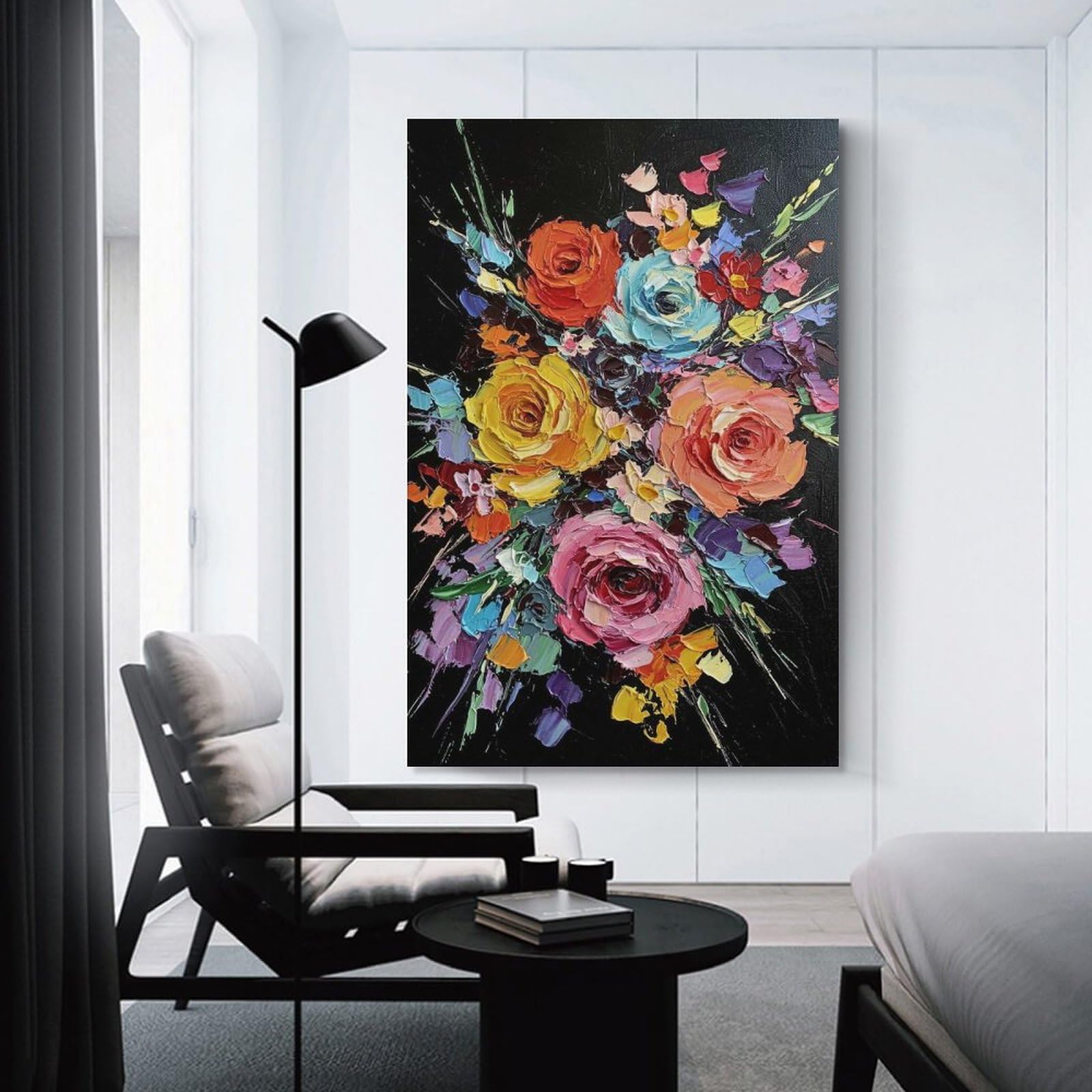 Junmoney Unframe-Style-12 Canvas Art Print Colorful Floral Bouquet Painting On Black, 24X36inch(60X90cm), For Office, Study Or Home Workspace, Wall Art That Adds Style To Work Areas