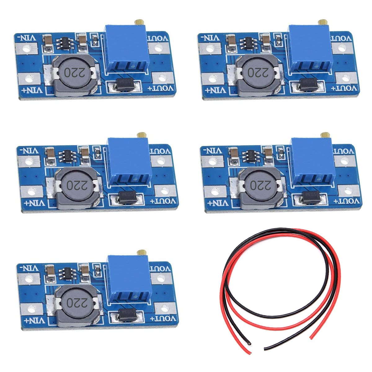 5 Pcs DC-DC Step Up Boost Power Converter 2V-24V to 5V-28V 2A Adjustable Voltage Regulator Power Supply Module for Arduino With 24AWG Wire
