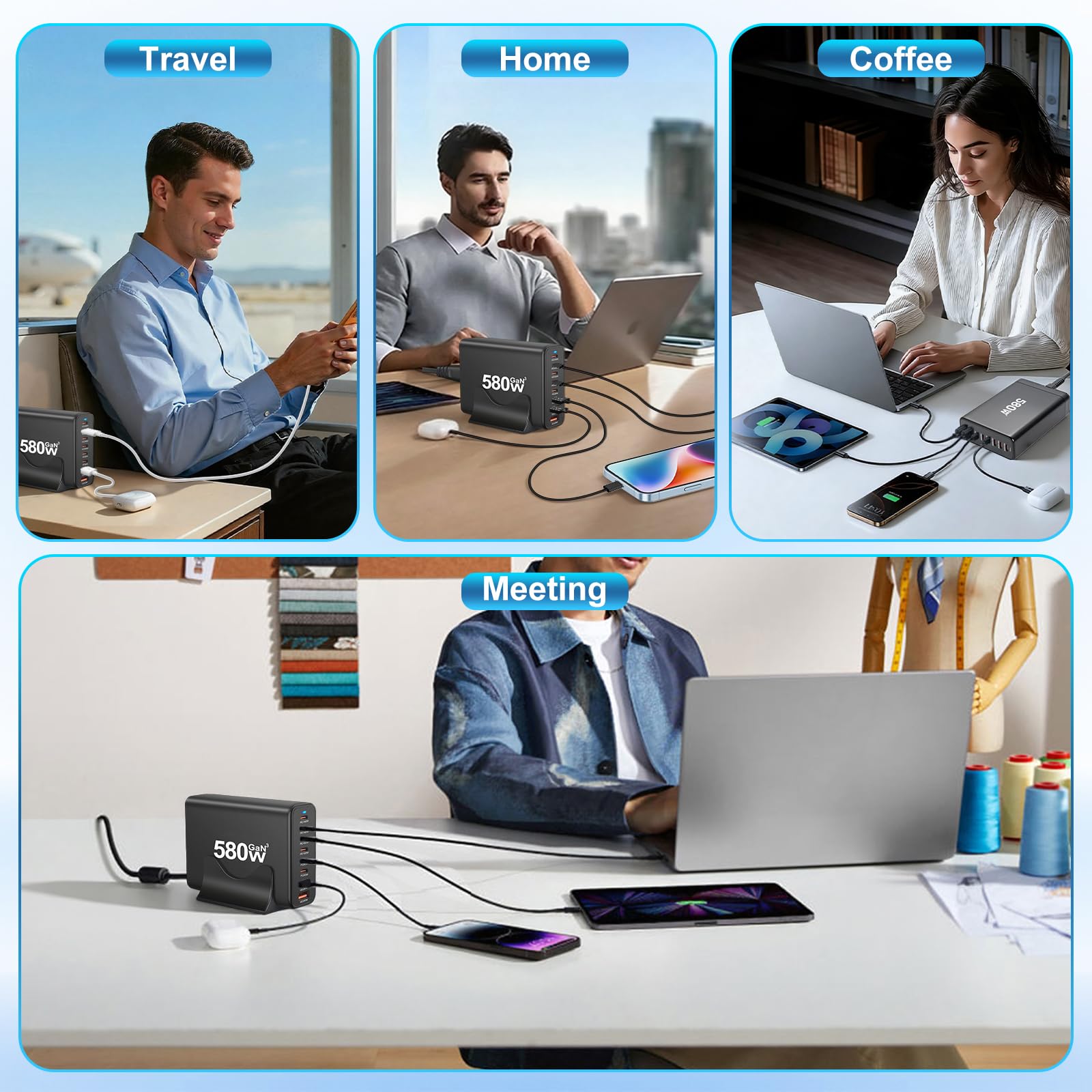580W USB C Ladegerät, 8 Port Ultra-schnelle GaN Ladestation (6C+2A), Max PD140W/QC20W Laptop Schnellladegerät Ladegerät Mehrfach für MacBook Pro/Air, iPad, iPh0ne, HP, Galaxy S25 usw