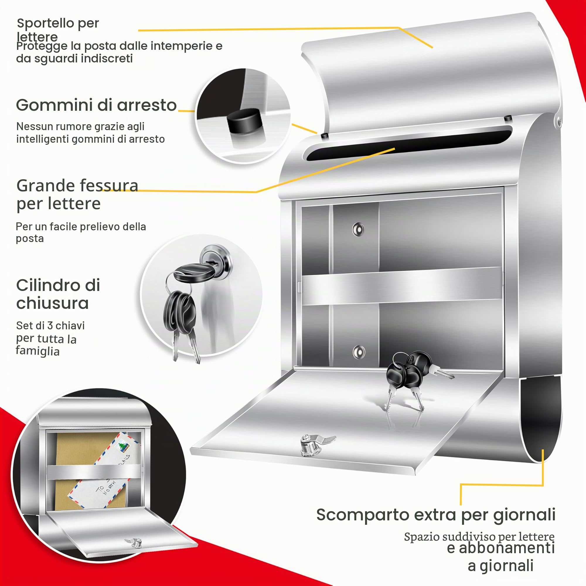 KESSER® Cassetta della Posta XXL in acciaio inox spazzolato con Scomparto per Giornali, 3x Chiudibile a chiave, Verniciata a polvere, Montaggio a parete, Ampia fessura frontale, Argento