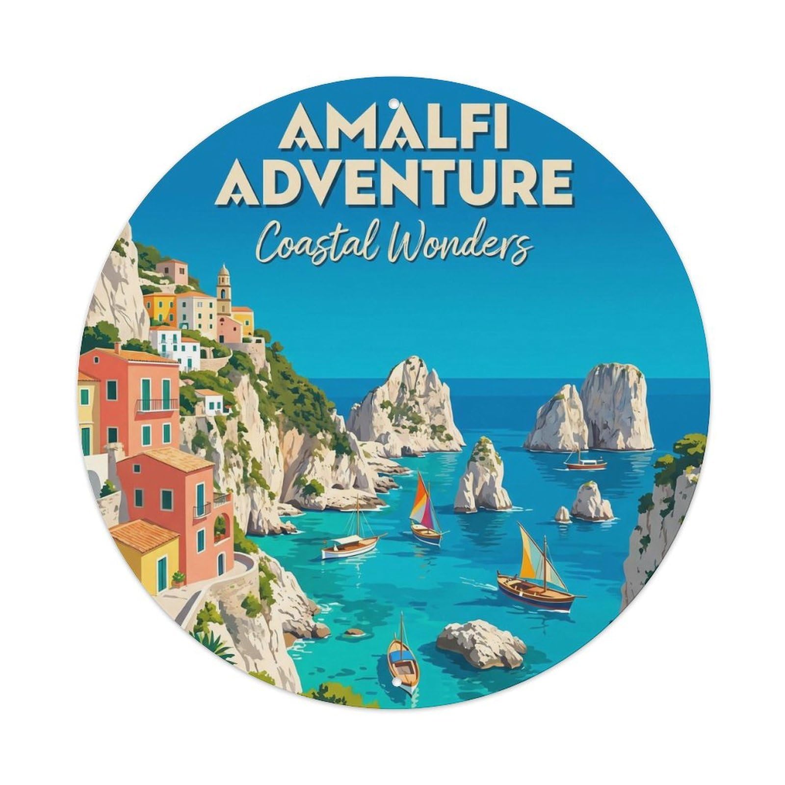 Italian Coast Rock Formation Amalfi Classic Travel Panorama Metal Tin Sign Plaque Wall Decor for Cafe, Man Cave, Club Bar, Office, Home Garden Round Metal Poster 8x8Inch