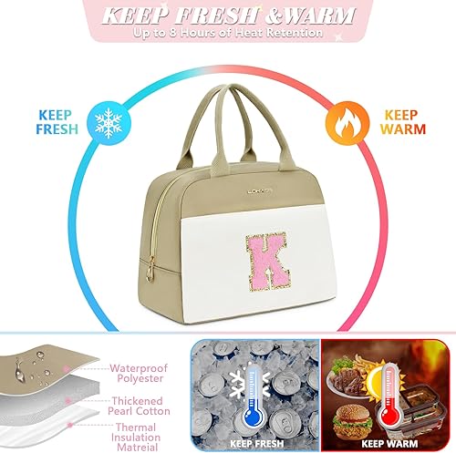 Miniatura 4 de UTOTEBAG Lonchera con inicial para mujer, lonchera aislada con bolsillo frontal, pequeña y abierta, bonita bolsa enfriadora para el trabajo, viajes,