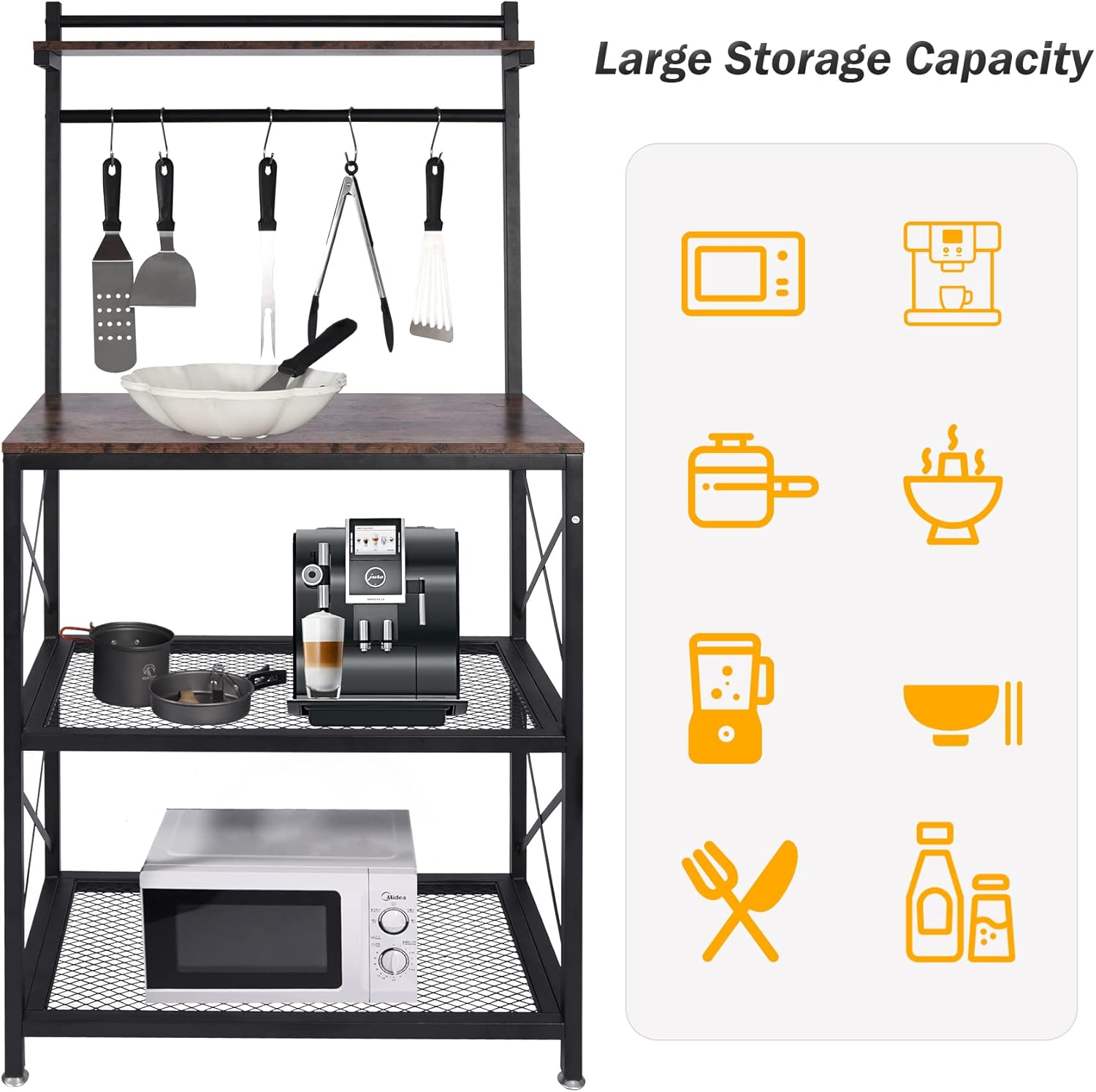 Varbucamp Kitchen Bakers Rack with Storage, 4-Tier Industrial Microwave Oven Stand with 5 Hooks and Adjustable Feet, Rustic Brown and Black - Standing Baker's Racks
