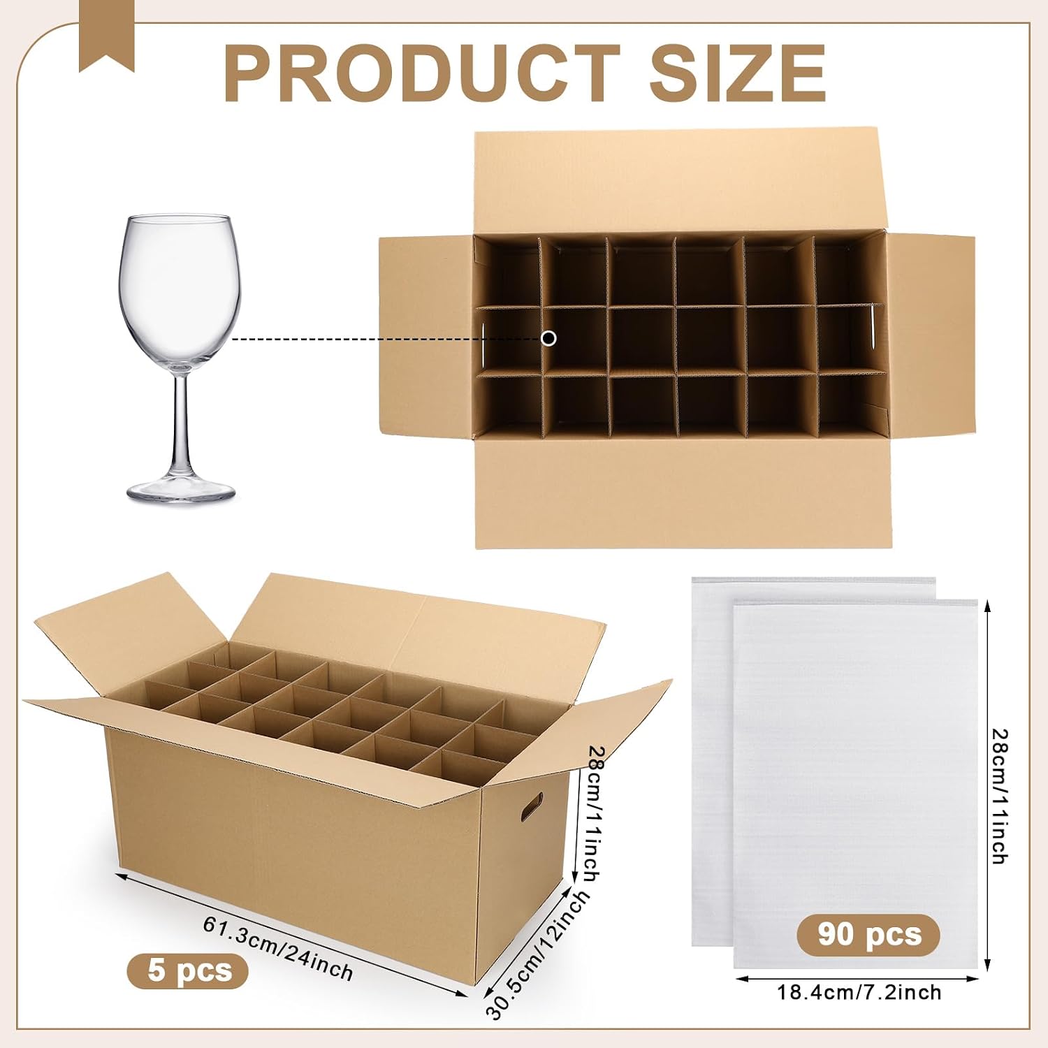 AmazingSpark 5 Sets Glass Packing Kit for Glasses and Stemware Includes Kitchen Moving Boxes Cell Divider Unit Foam Pouches Glass Packing Boxes for Moving Glasses Wine Dish(24 x 12 x 11 Inch)