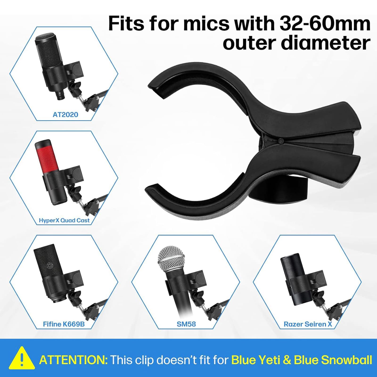 BILIONE Soporte para micrófono, clip de accesorio de micrófono grande para soportes, apto para la mayoría de micrófonos de condensador e inalámbricos con rango de diámetro exterior de 1.25 a 2.3
