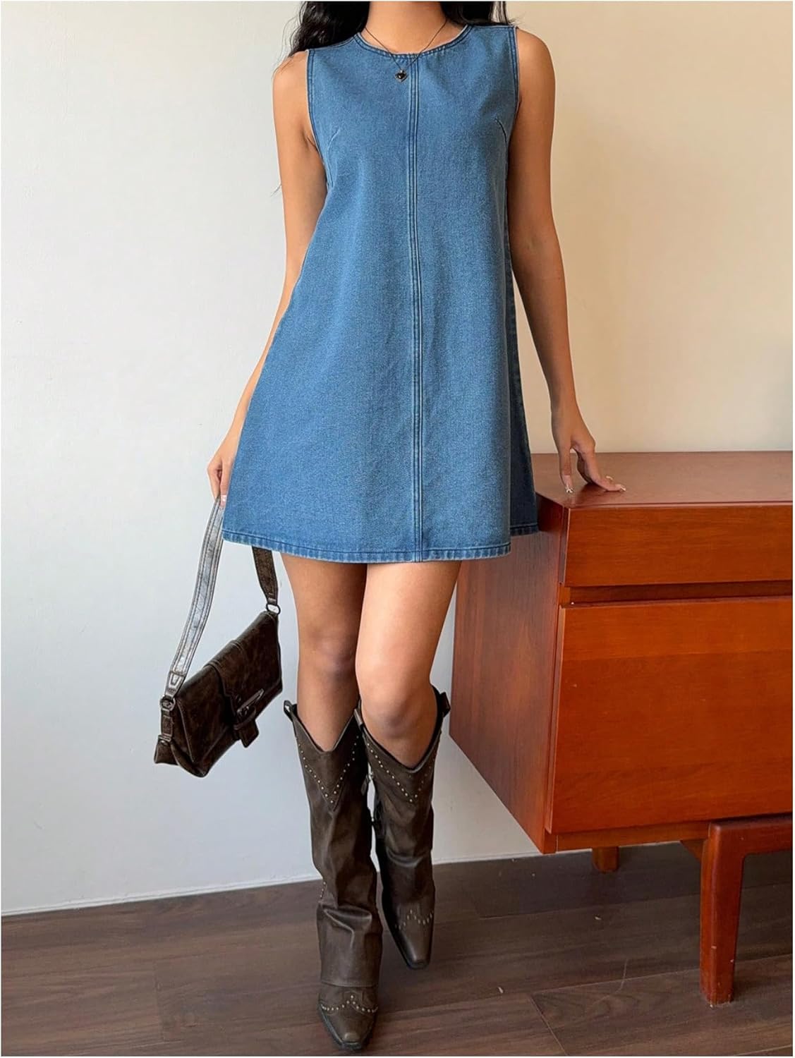 Milumia Women's Bow Tie Back Denim Sundress Crew Neck Sleeveless Flared Short Dresses - Image 5