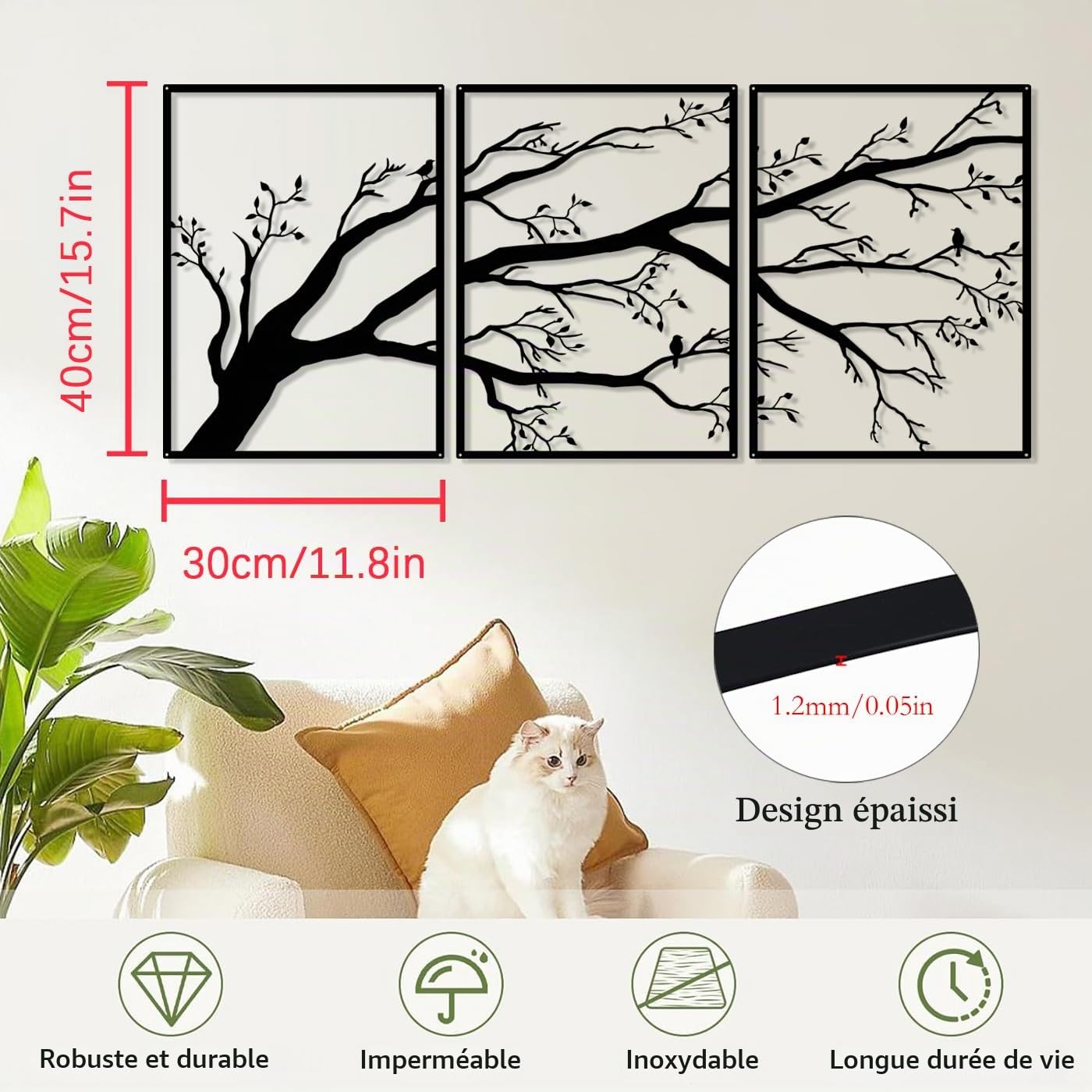 Pduoduo Set de 3 grands arbres de vie,décoration murale en métal,signe d'arbre,oiseaux sur la branche,sculpture en métal pour la maison,le jardin,le bureau,l'intérieur et l'extérieur (Small)